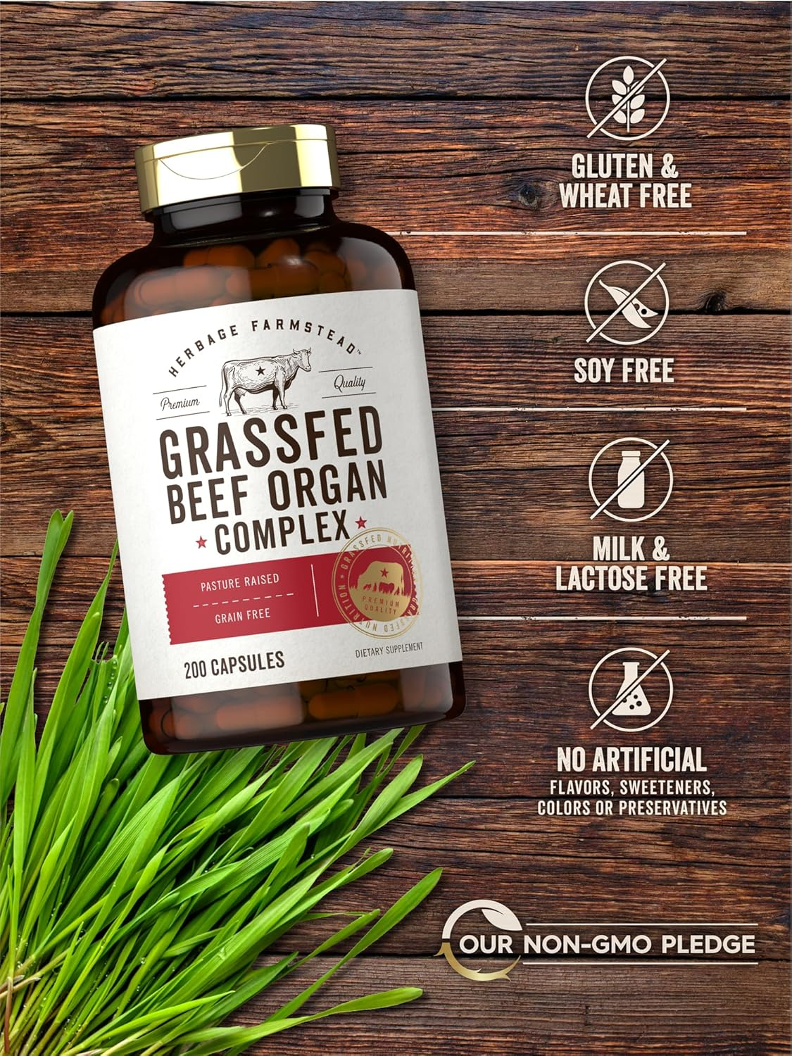 Grassfed Beef Organs Capsules 3250Mg | 200 Count | Desiccated Liver, Kidney, Pancreas, Heart, Spleen Supplement | Non-Gmo, Gluten Free | by Herbage Farmstead image number 1