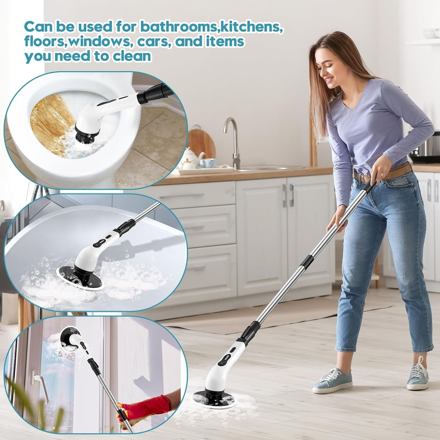 Electric Spin Scrubber, Cordless Electric Cleaning Brush Set &ndash; 9 Replaceable Drill Brush Heads, Upgraded Extension Handle, Powerful Scrubber for Bathroom, Kitchen, Tiles, Floor (White)