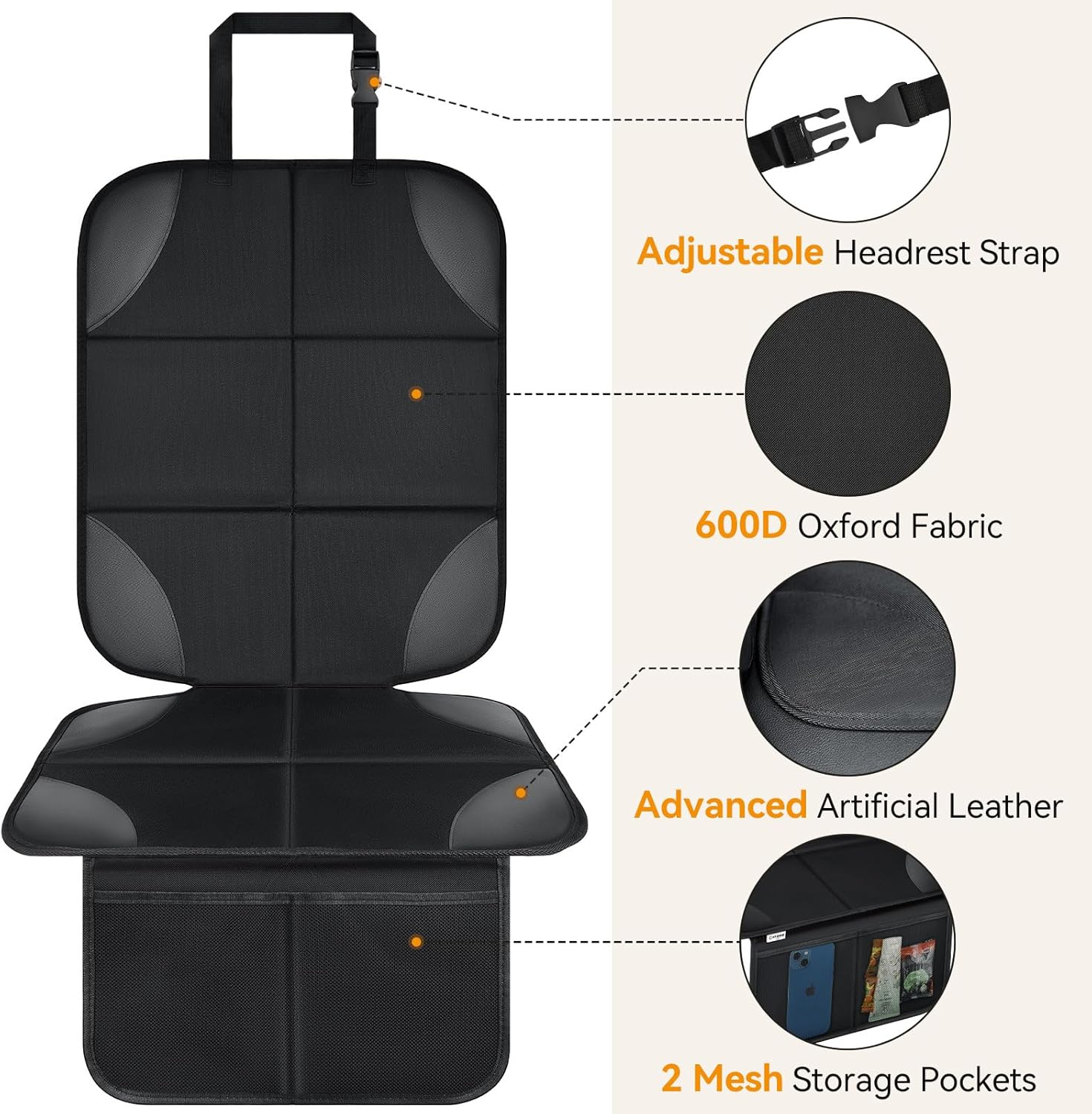 Musclez Car Seat Protectors for Child Car Seat, Baby Car Seat Cover Waterproof 600D Fabric Padding Non-Slip Backing 2 Mesh Pockets, Carseat Protector for Travel Vehicles Baby Pets (Black-1Pcs) - Black-2Pcs image number 5