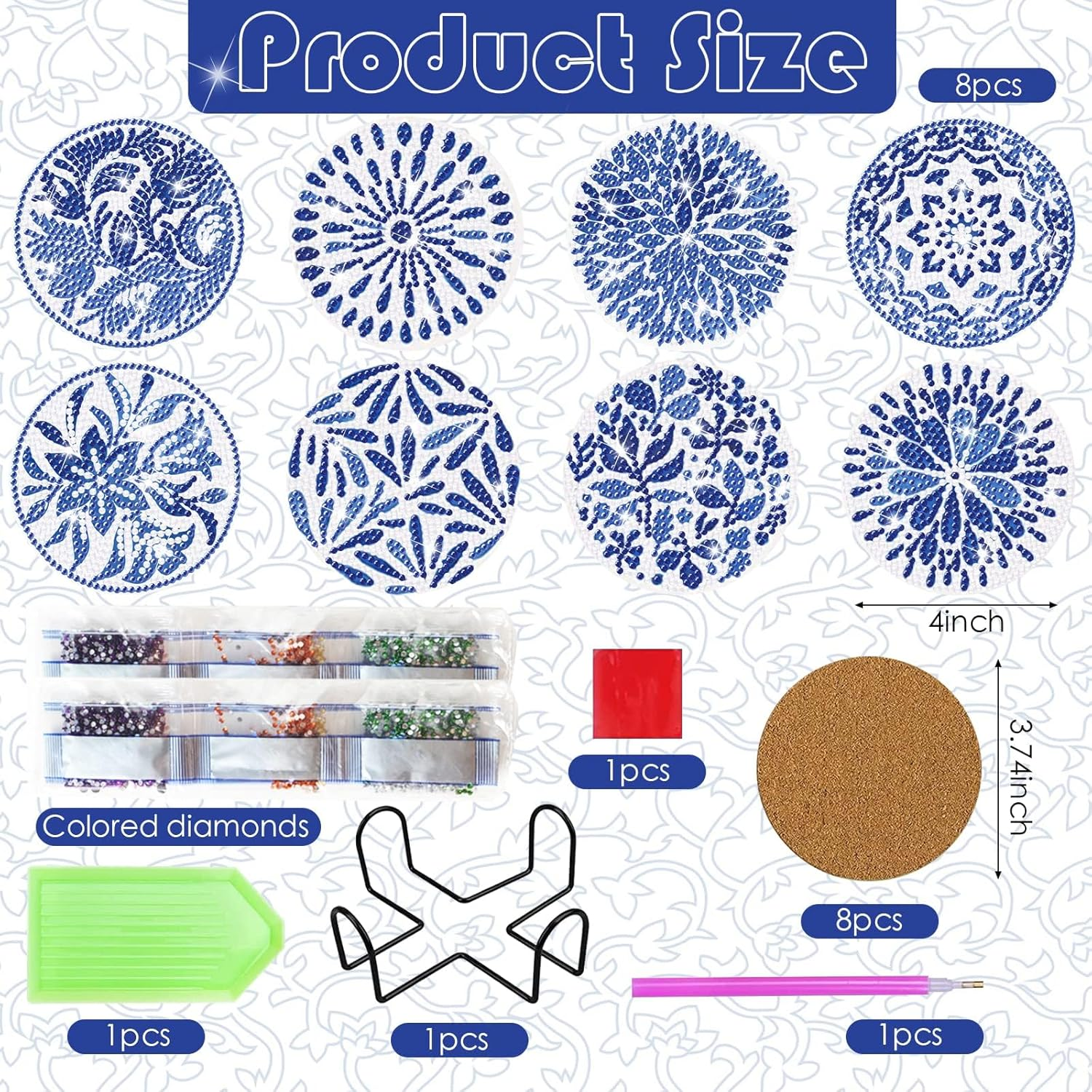 8 PCS Diamond Painting Coasters Kit with Holder - Blue Watercolor Indigo DIY Art Coasters for Beginners, Adults, Kids - Crafts Supplies image number 5