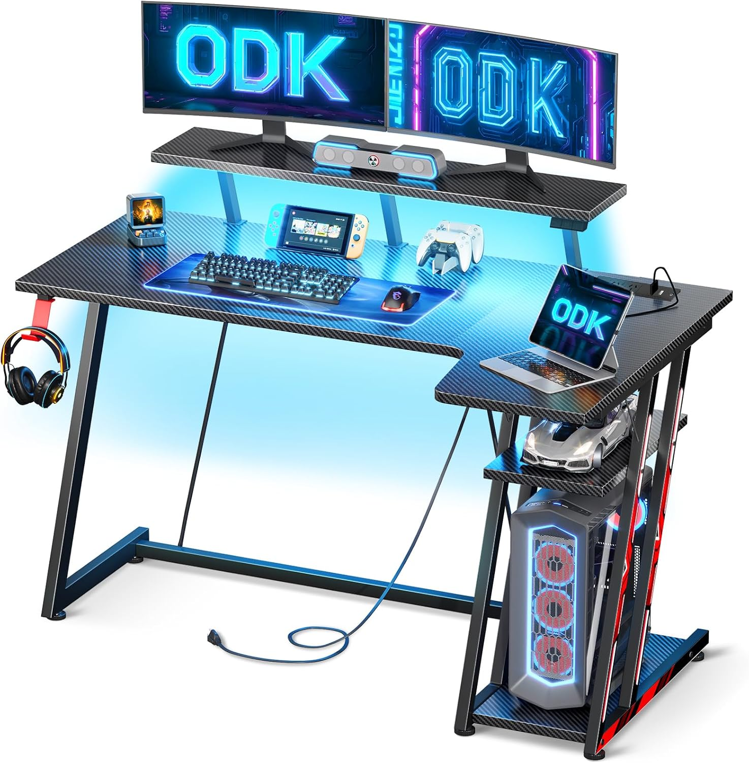 ODK L Shaped Gaming Desk with LED Lights& Power Outlets, Gaming Table with Monitor Stand, Corner Gaming Desk with Storage&Hook,Modern Simple Computer PC Desks, 120 * 70 * 92.8Cm, Carbon Fiber Black image number 5