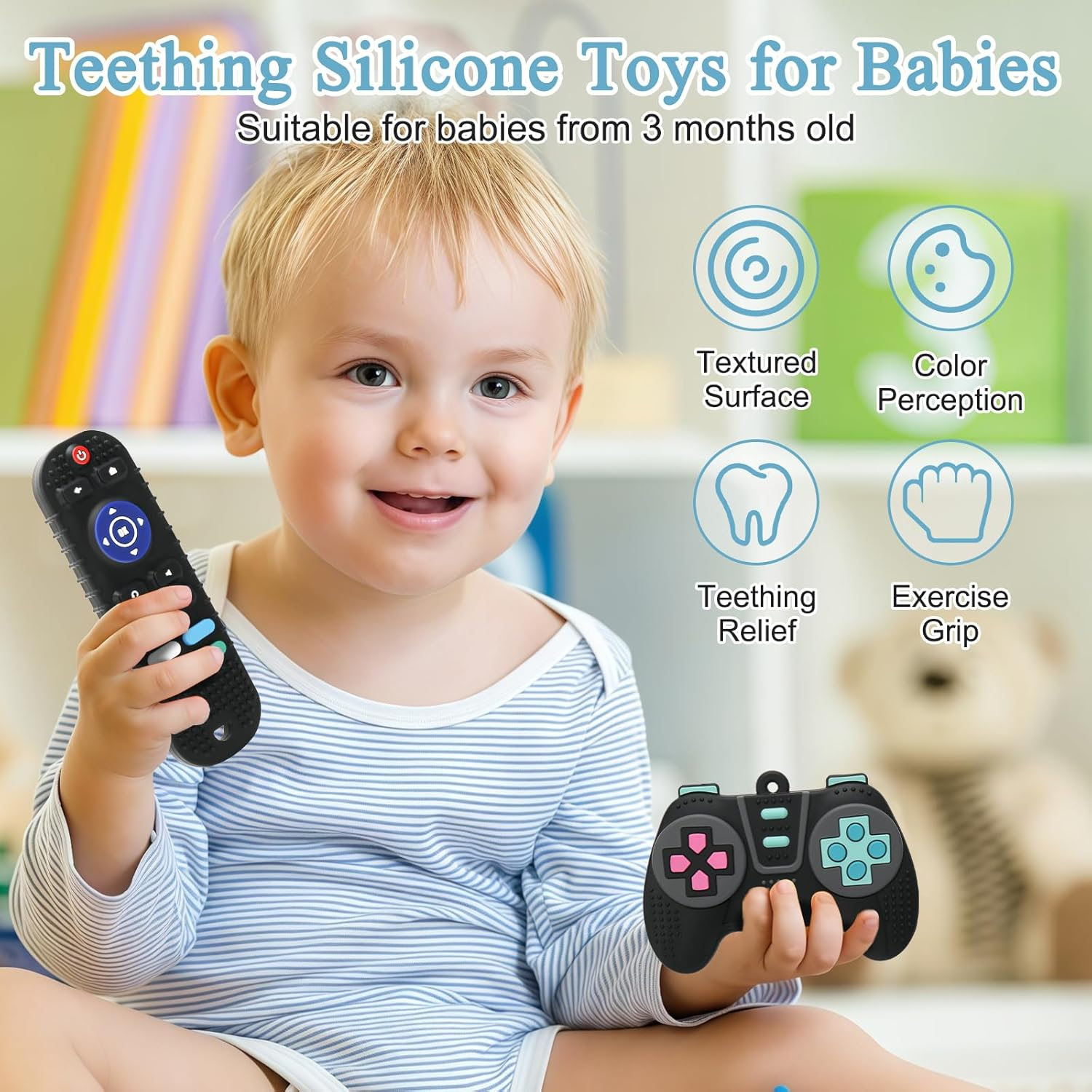 MR.TIMELAG Baby Teething Toys with Remote Control - 2 Pack Silicone Teethers for Infants 3+ Months, Bpa-Free Chew Toys with Textured Surface - Soothing Gum Relief for Newborns