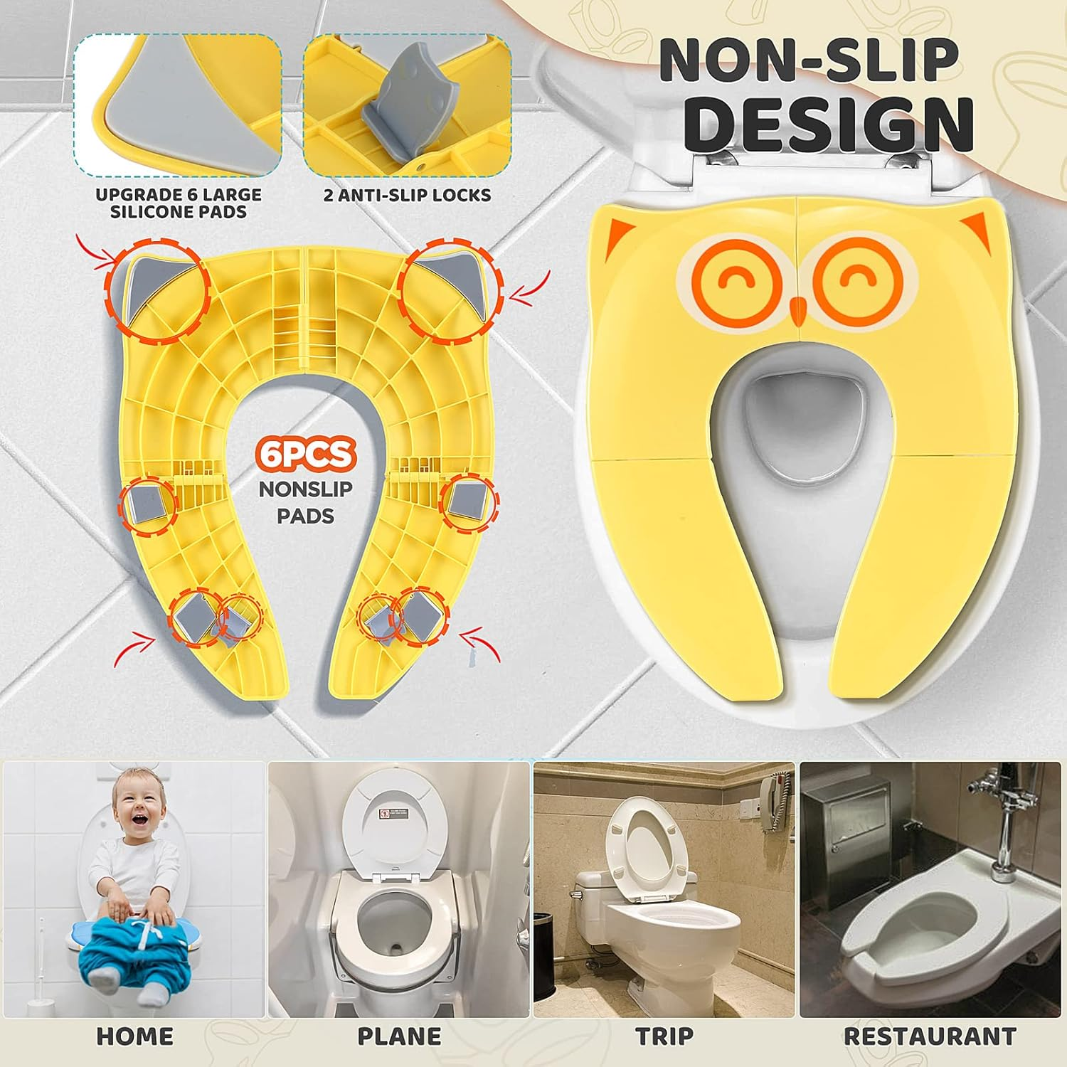 Gimars Upgrade Folding 6 Large Non Slip Silicone Pads Travel Portable Reusable Toilet Potty Training Seat Covers Liners with Carry Bag for Babies, Toddlers and Kids, Yellow image number 3