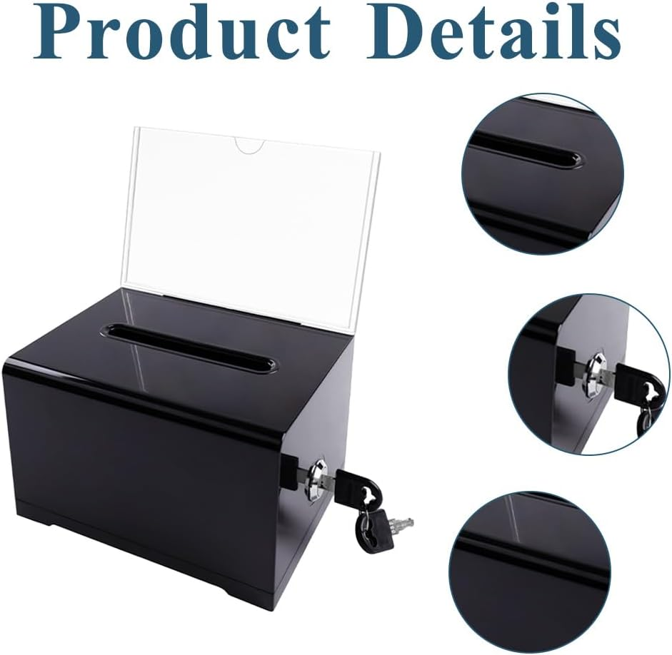 MOTRAIN Clear Acrylic Suggestion Box with Lock and Sign Holder, Donation, Ballot, Voting, and Fundraising Box for Charity, Office, and Events (6.1 X 4.5 X 8 Inches) (Black) image number 1