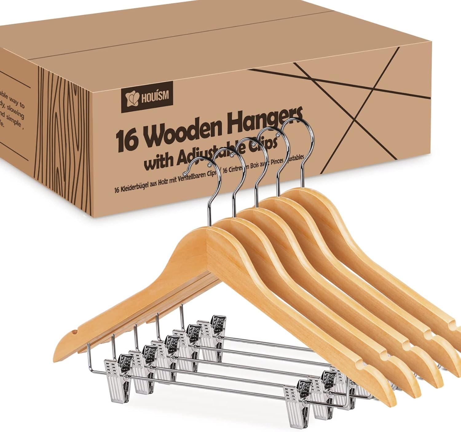 HOUSM 16Pack Wooden Skirt Hangers with Clips, Solid Wood Pants Hangers, Natural, Smooth Finish, High-Grade Selected Wood, Sturdy Metal Clips for Blouse, Dress, Coat, Jacket image number 2