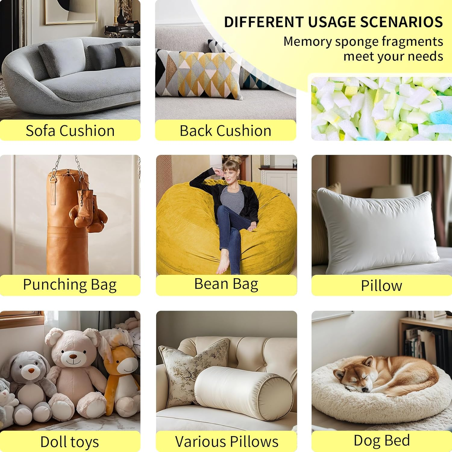 Jecqbor 10Lbs Bean Bag Filling,Bean Bag Filler,Shredded Memory Foam for Bean Bag Chair Stuffing, Real Memory Foam Filler, Memory Foam Stuffing for Bean Bag Sofa, Bean Bags, Dog Beds image number 2