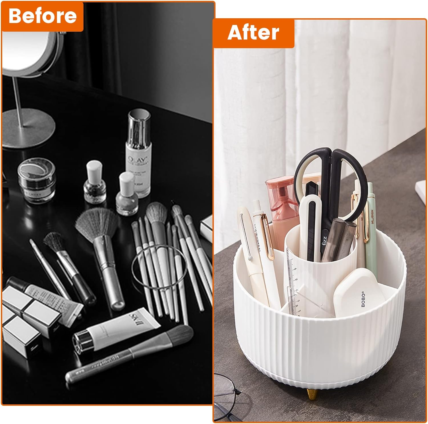 Desk Pencil Pen Holder, 5 Slots 360&deg; Degree Rotating Pen Organizer, Desktop Storage Pen Organizers for Desk Storage Stationery Supplies Pencil Cup Desk Accessories for Office School Home Art Supply - White image number 2