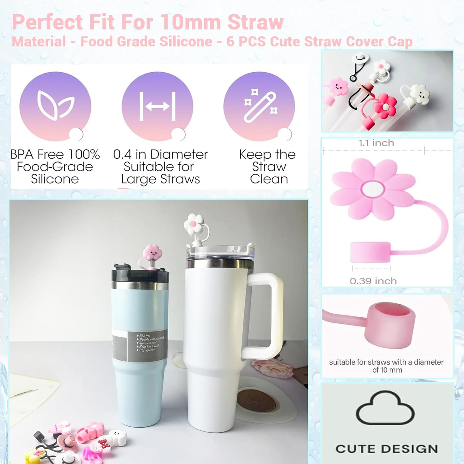 VAVCASE Straws with Cover Cap for Stanley 40Oz Tumbler Replacement - 6Pcs Covers, 4Pcs Straws for 20, 30 & 40Oz Cups, Charms Accessories Set, Large, Clear image number 6