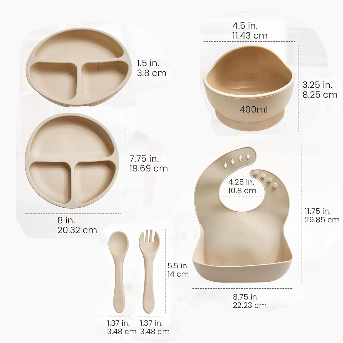 Silicone Baby Feeding Set -Practical 5 Pcs,Baby Led Weaning Supplies,Toddler Eating Spoons Suction Bowl Divided Plate Bib,First Stage Solid Food Eating Utensils - 6+ Months (Off-White) image number 3