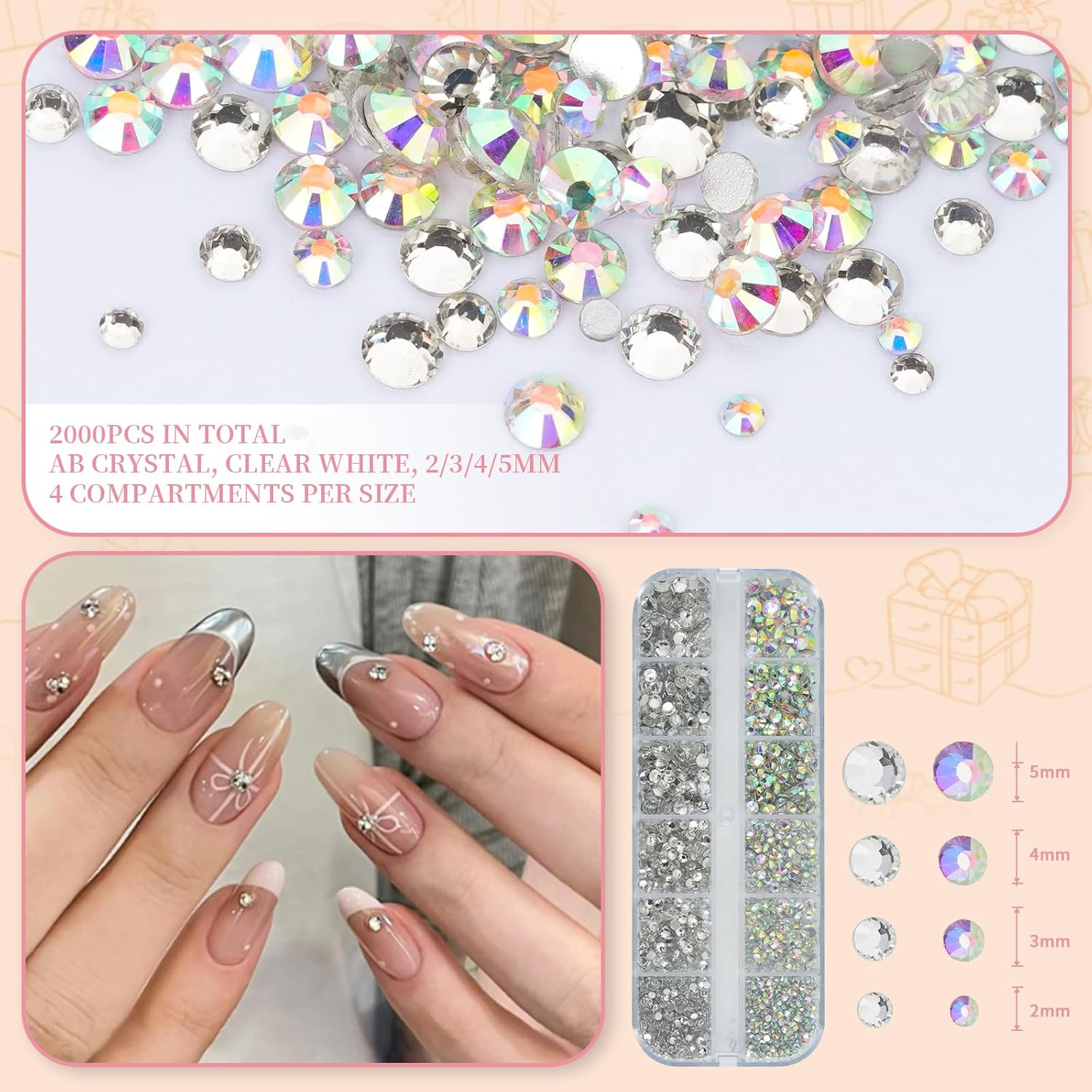 EARLMONI 6000PCS Rhinestones in 4 Sizes Nail Gems, Crystal AB Nail Art Gems with Pick up Tweezers Rhinestone Picker Dotting Pen, Acrylic Diamante Gems for Nail Art, Clothes, Face image number 4