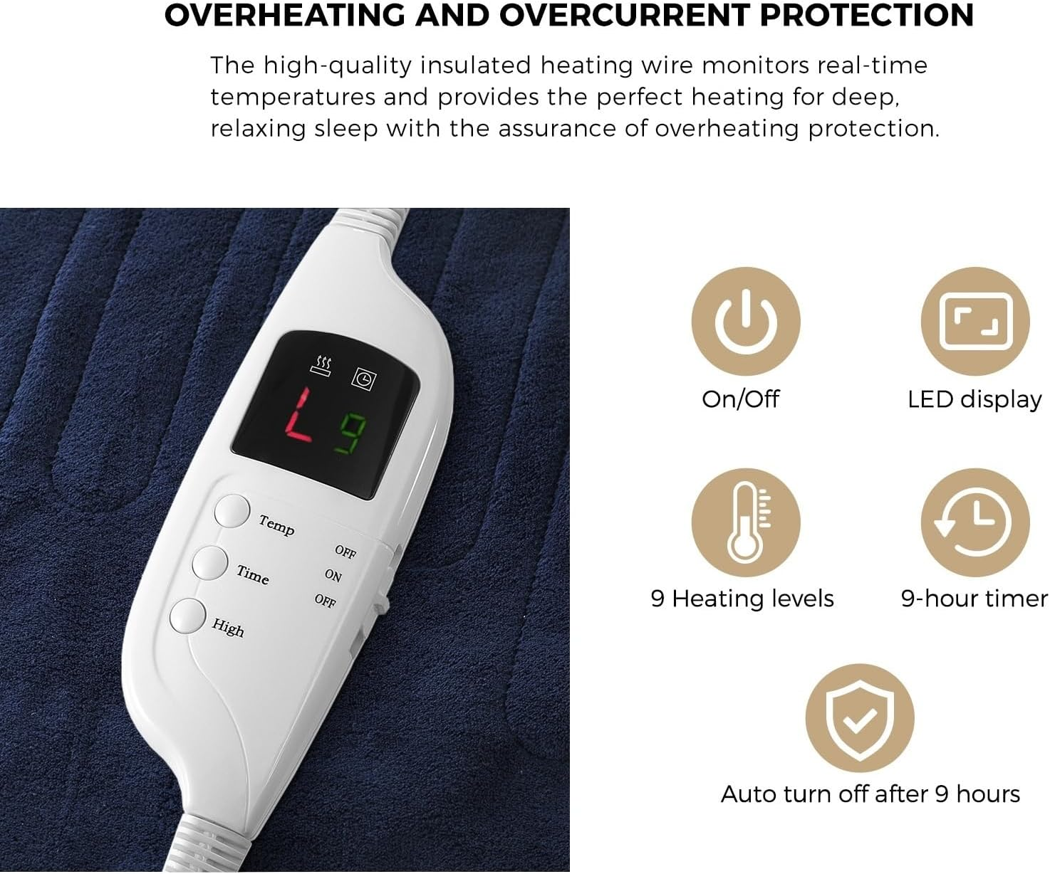 Electric Throw Rug with Flannel Fabric 9-Hour Timer Snuggle Blanket Overheat Protection Adjustable 9 Heat Washable Single Controler Navy Blue image number 5