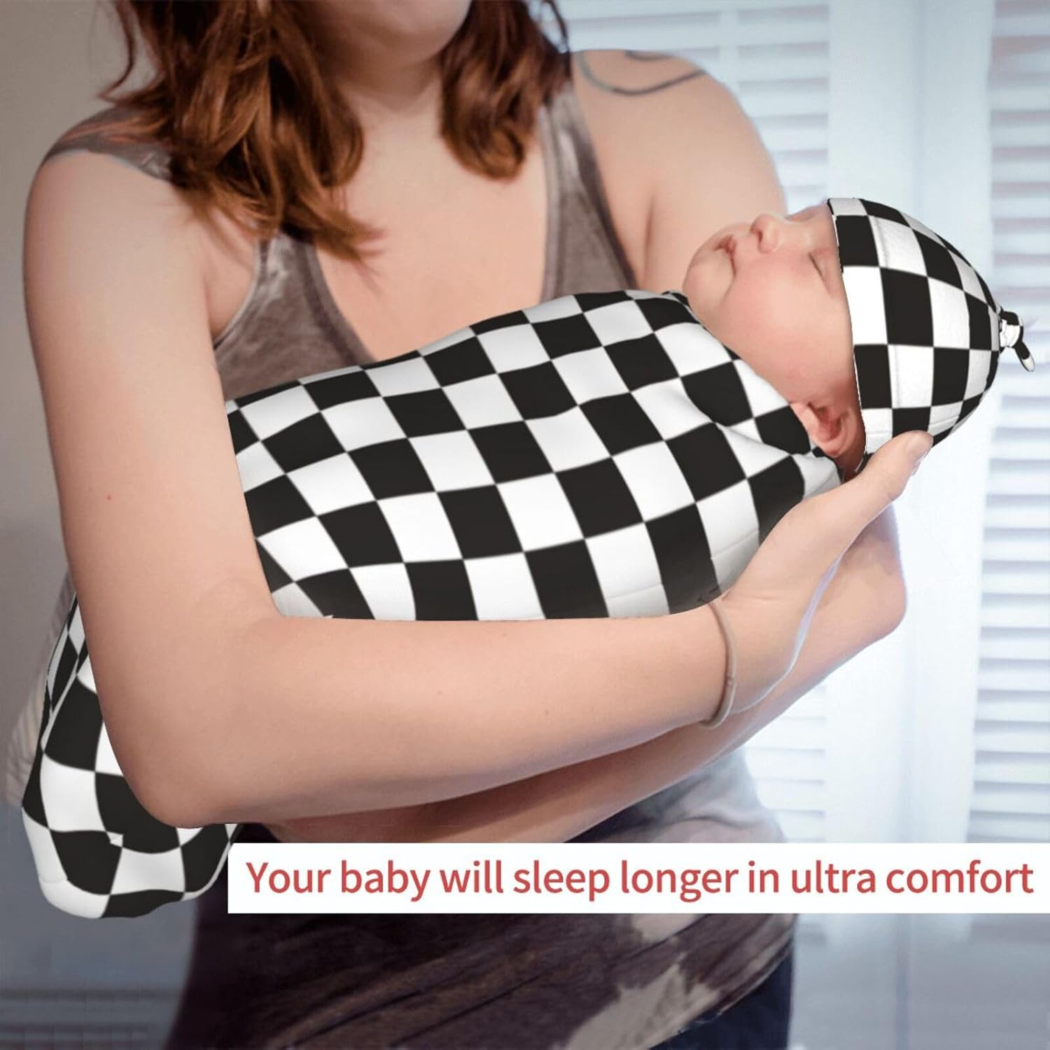 Black and White Checked Flag Baby Girl Boy Gifts Newborn Swaddle Blanket with Beanie Hat Set,Stretchy Receiving Blankets Newborn Essentials, for Girls Boys - Black And White Checked Flag image number 2