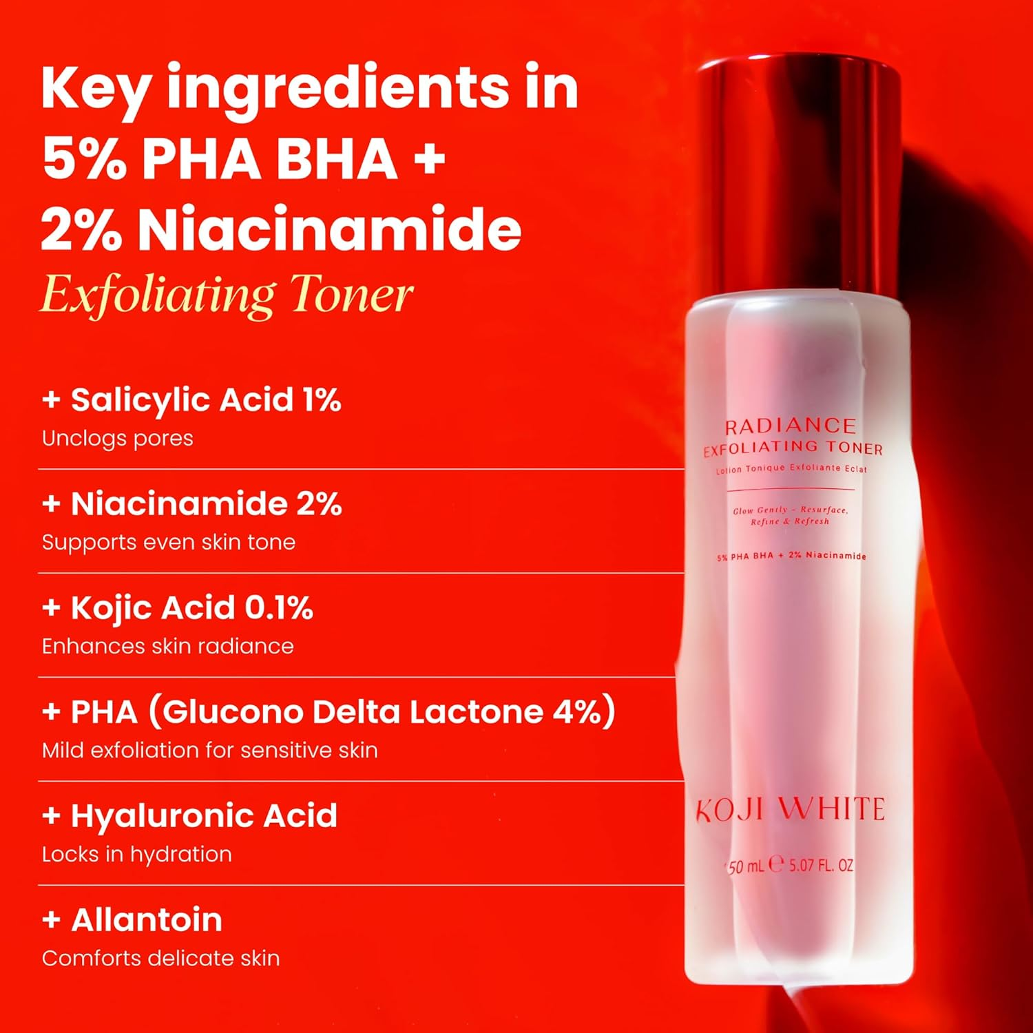 Koji White Exfoliating Toner for Face with 5% PHA BHA Toner, 2% Niacinamide, Kojic Acid & Hyaluronic Acid | Hydrating & Soothing Facial Toner | Unscented, Sensitive, Vegan, 150Ml (5.07 Fl Oz) image number 2