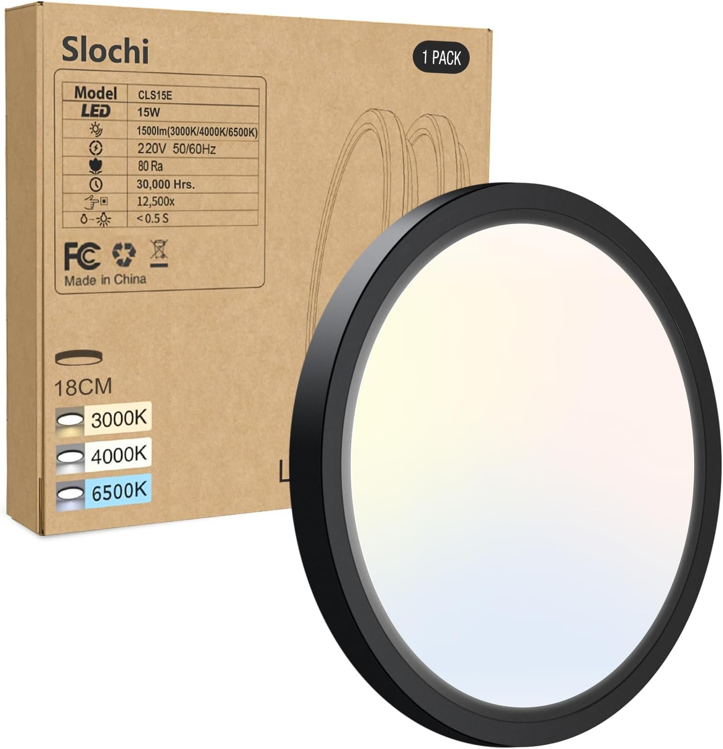 Slochi LED Ceiling Light, 3000K 4000K 6500K 3 Colours Ceiling Light, 15 W 1500 LM, Modern, Round, IP44 Waterproof Bathroom Ceiling Light for Kitchen, Bedroom, Hallway, Garage, Balcony, Black