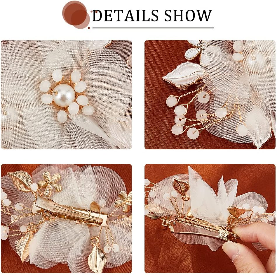 AHANDMAKER 2 Pcs Flower Wedding Bridal Hair Clips, Pearl Bridal Headpiece White Bridal Decorative Hair Pins Pieces for Women Boho Wedding Brides Bridesmaids Hair Accessories image number 4
