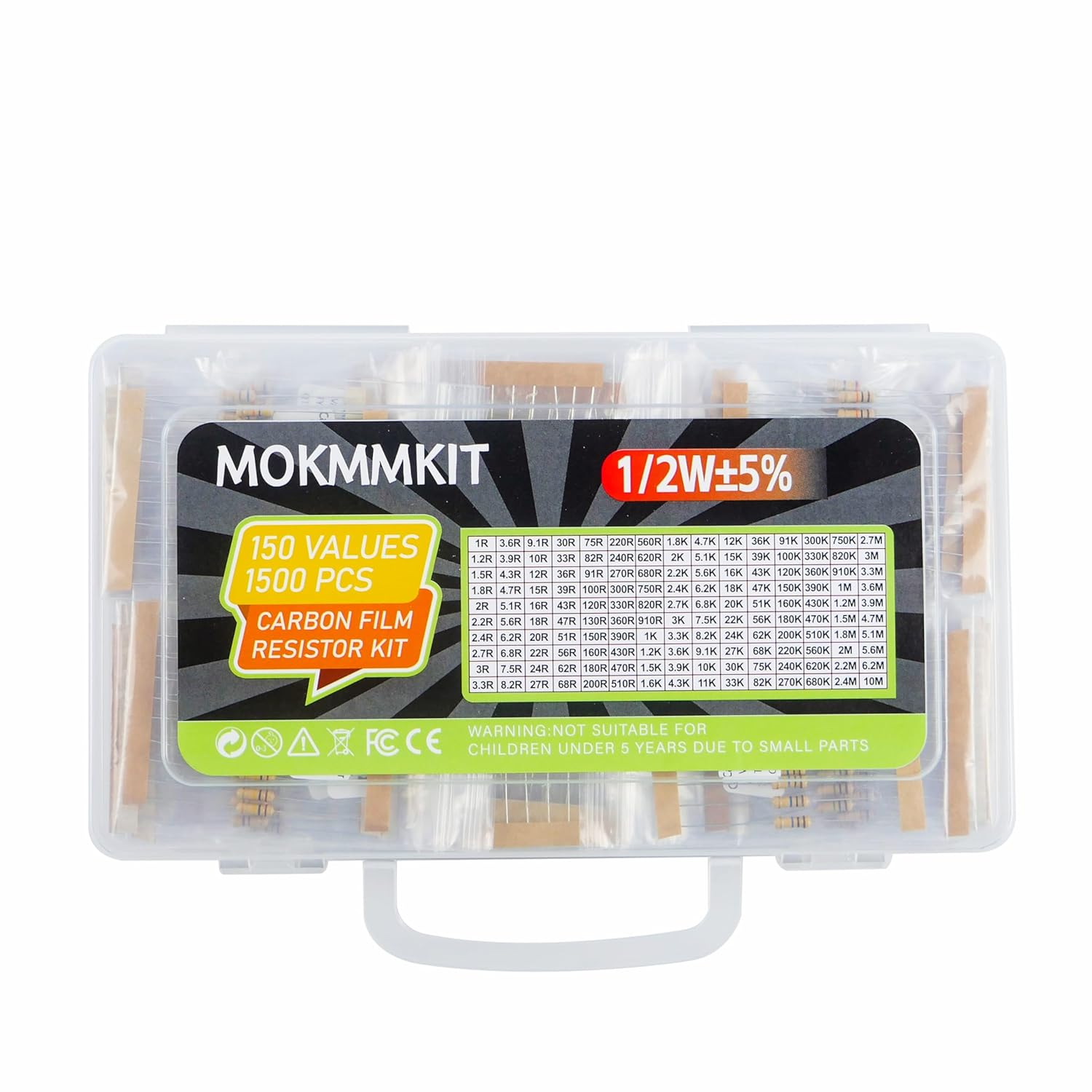 150 Values 1500 Pieces Resistor Kit 1 Ohm-10M Ohm 1/2W 5% 0.5 Watt Carbon Film Resistors Assortment Kit image number 2
