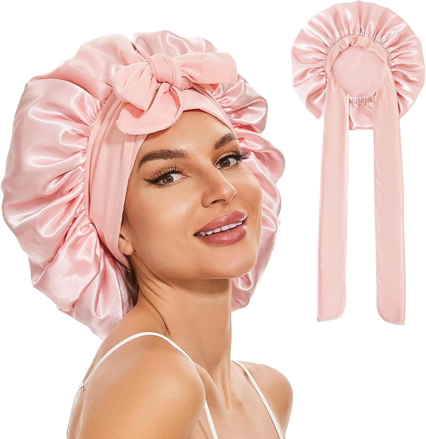 JZS Silk Bonnet for Sleeping Women Satin Double Layer Lined Hair Bonnet with Tie Band Curly Hair