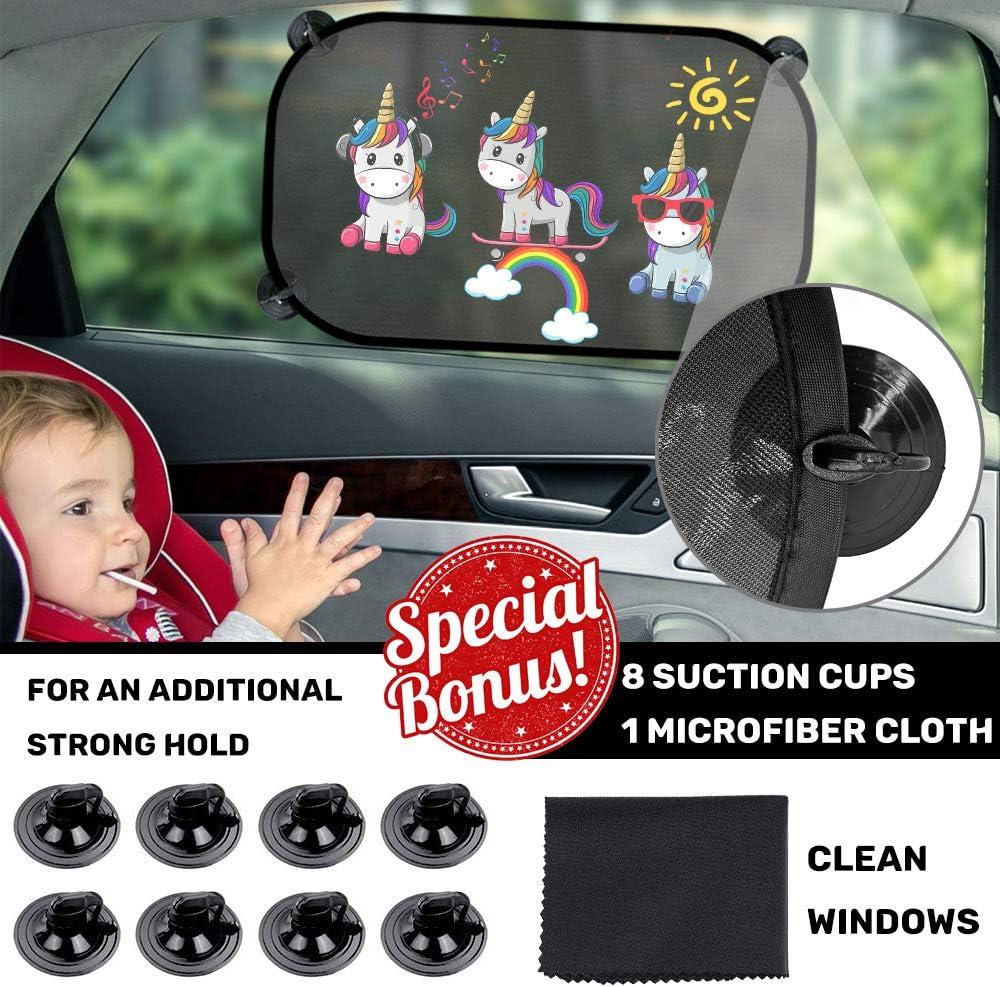 Izoel Car Sun Shade for Baby Kids 2 Pack Static Cling Side Window Car 80GSM Rear Sunshades Universal with 8 Suction Cups and Storage Bag - Sun Glare and UV Rays Protection (Unicorn) - Black image number 4