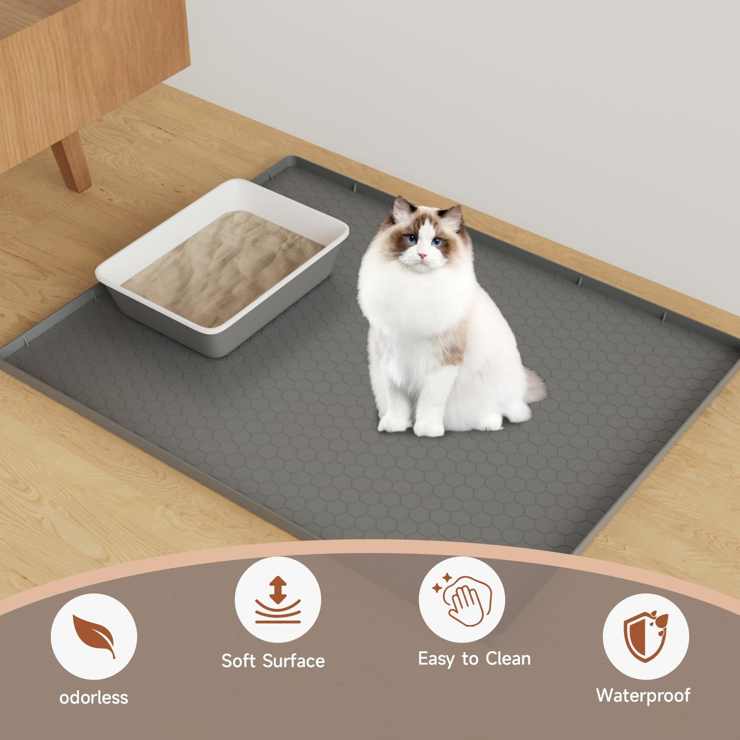 Pawinner 22"X31.5" Cat Litter Mat, Heavy-Duty Waterproof Litter Trapping Mat, Non-Slip Floor Protector for Litter Box Area, Easy to Clean for Small/Large Cats image number 6