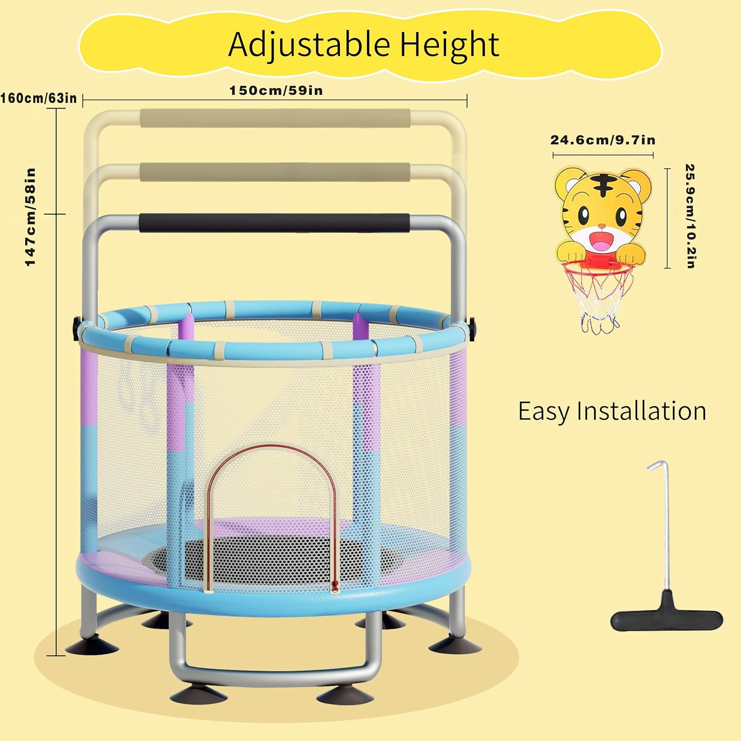 60" Trampoline for Kids with Enclosure, 200Kg Capacity Indoor & Outdoor Toddler Trampoline with Adjustable Gymnastics Bar, Upgraded Ring Legs & Toys, for Boys & Girls