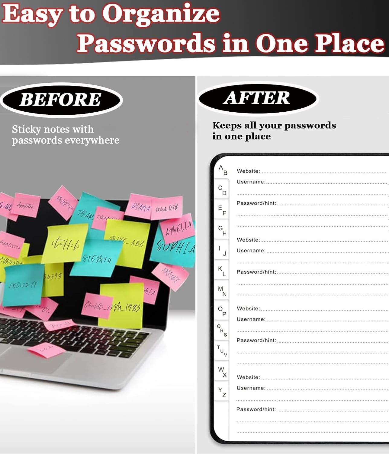 B6 Password Book with Alphabetical Tabs, Hardcover Password Keeper Internet Address Organizer Logbook for Computer and and Internet Address Website Login, Black
