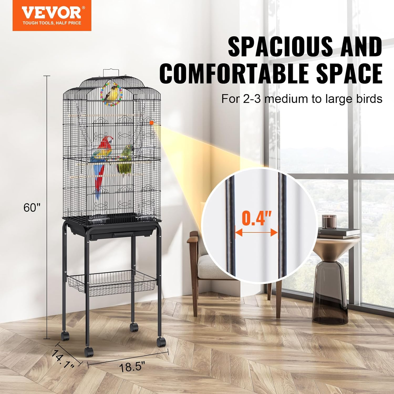 VEVOR 60 Inch Flight Bird Cage, Metal Large Parakeet Cages for Cockatiels Parrot Budgies Lovebirds Canaries, Pet Big Bird Cage with Rolling Stand and Hanging Toys image number 6