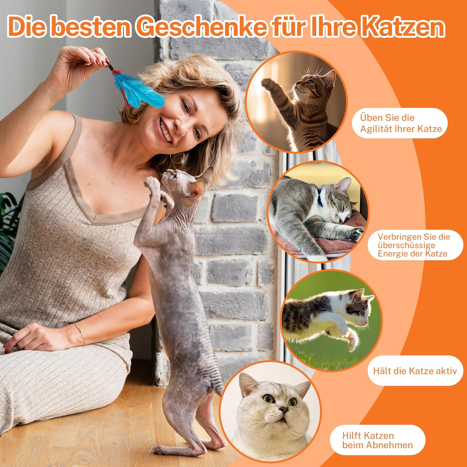 Toozey Cat Toy 12 Pieces, Cat Fishing Rod with 2 Pieces Retractable 10 Cat Toy Replacement Feathers, Cat Toy Self-Employment with Feather/Bug/Fish Bell, Interactive Cat Toy Set image number 5