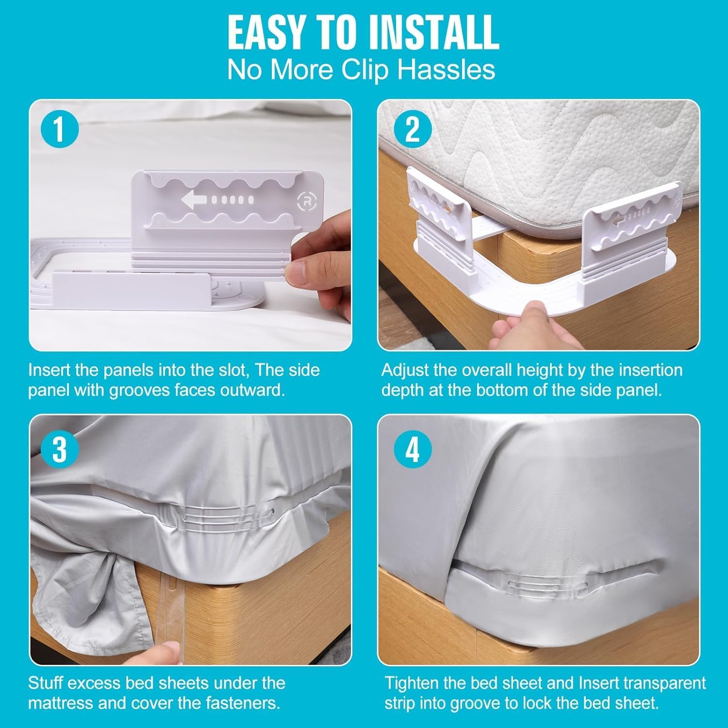 Bed Sheet Holder, Fitted Sheet Holder, Lock Bed Sheet Clips and Fasteners, Sheet & Pillowcase Sets, No More Loose Sheets, Easy Installation (White) - Grey image number 4