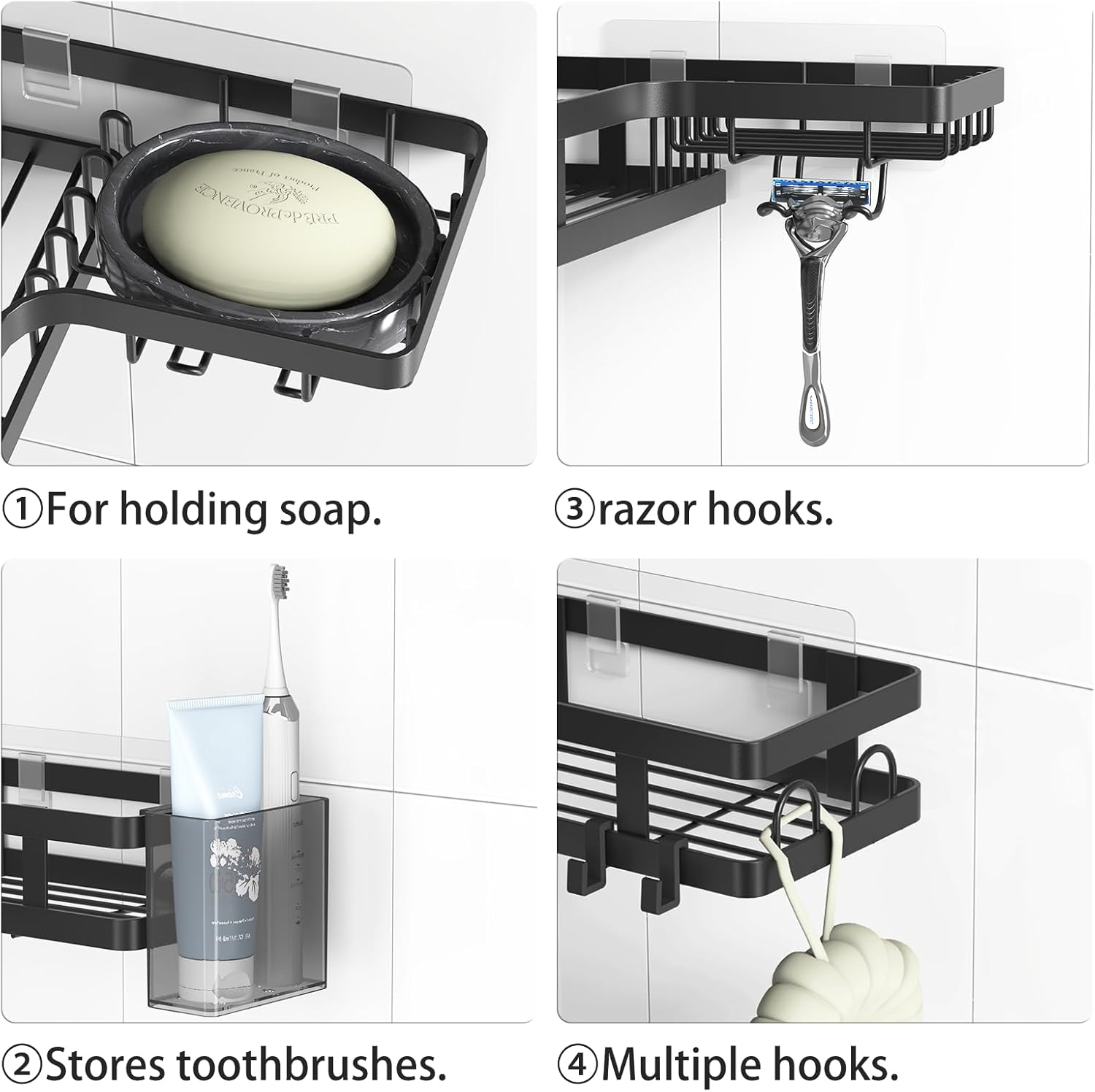 Gabeeriso Soap Holder Bathroom Shelf 2-In-1,Corner Shower Caddy,2 Pack Bathroom Shelves with 12 Hooks,Black Rust-Resistant Adhesive Shower Shelf No Drilling. (L-Shaped Black 2-Pack) image number 6