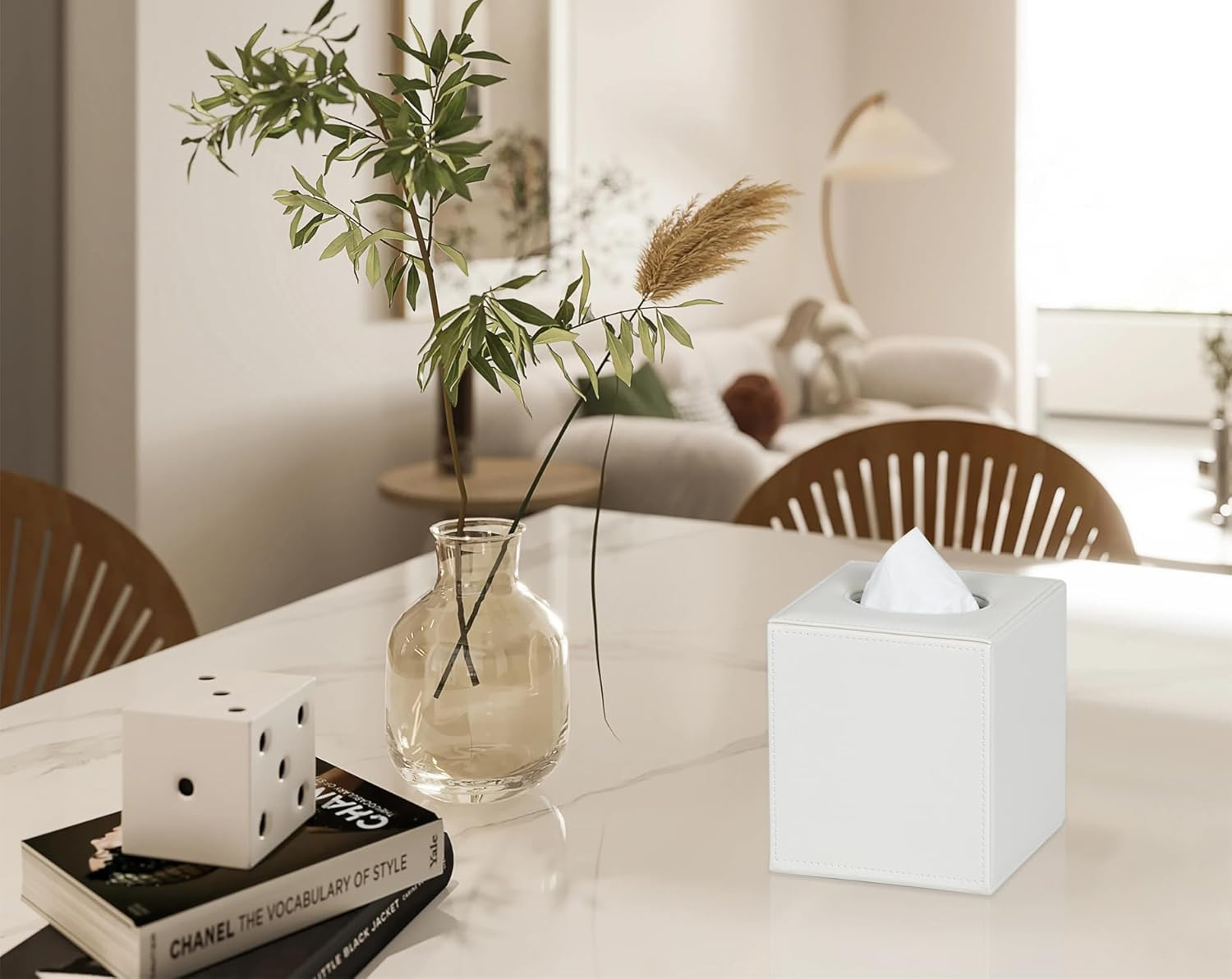 Tissue Box Cover Square Tissue Box Holder for Bathroom (White)