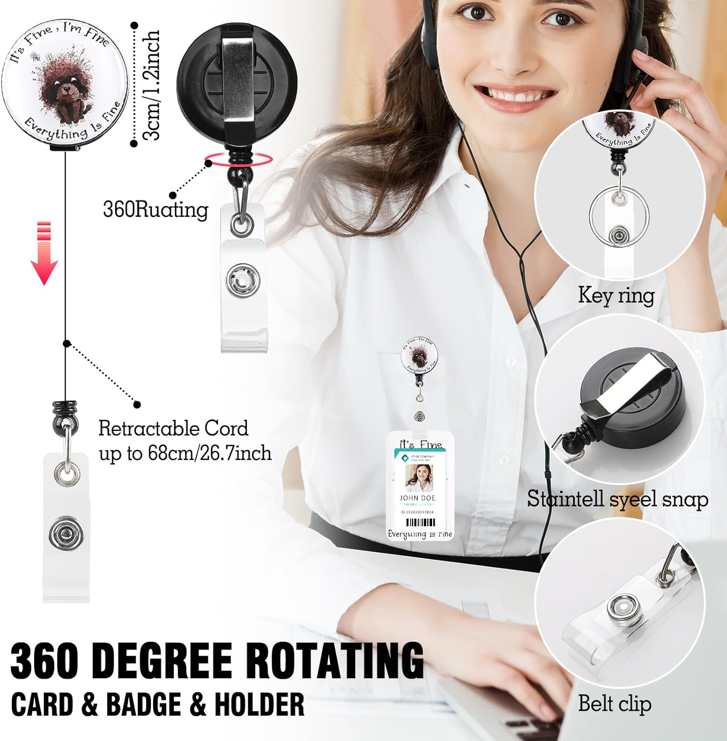 Hianjoo Badge Holder Retractable with Lanyard, ID Card Holder with Belt Clip Retractable Reel Neck Lanyard for Students Office Staff, Cute Dog image number 3