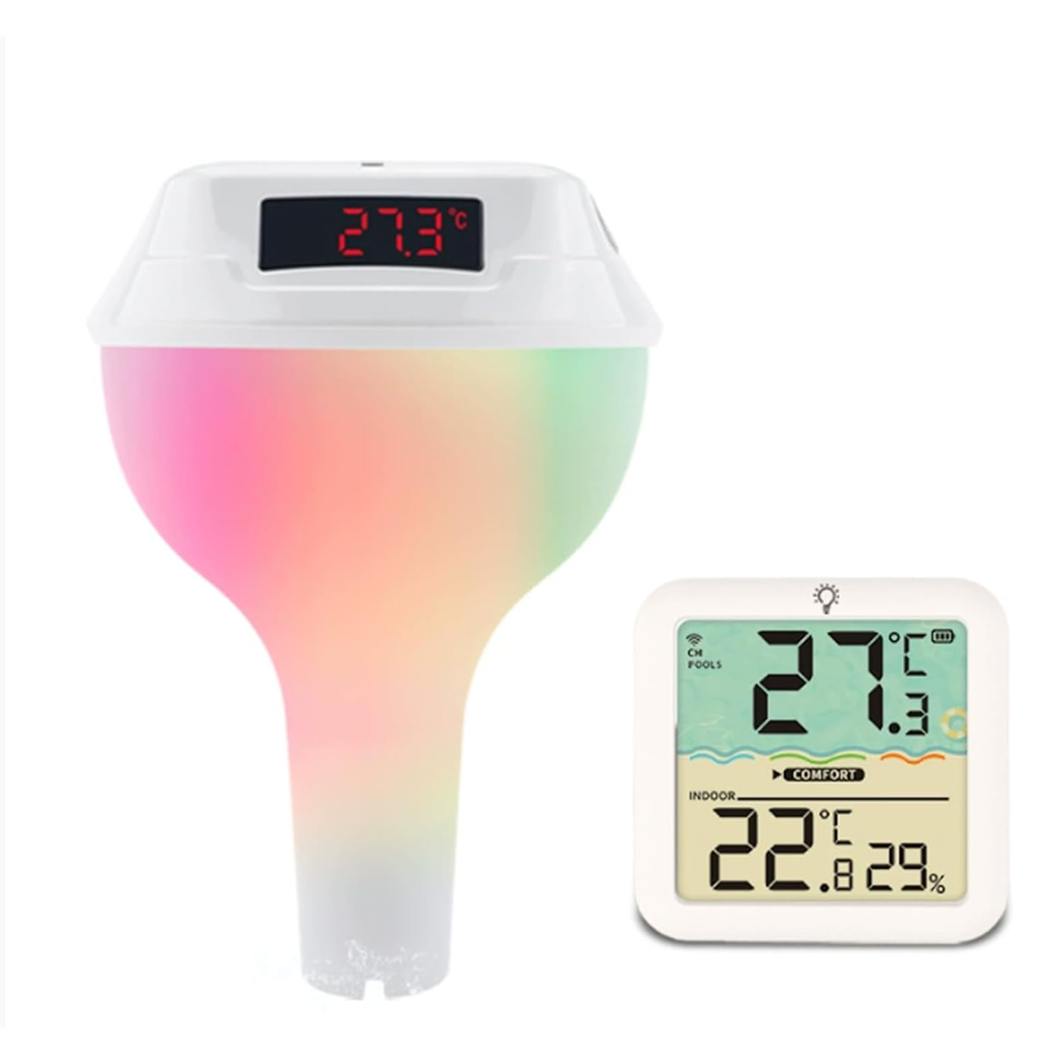 Wireless Floating Pool Thermometer Colorful Light Change Swimming LED Display Indoor Outdoor Temperature Detector Hot Tub IP68 Rainproof Long-Lasting Solar Charging