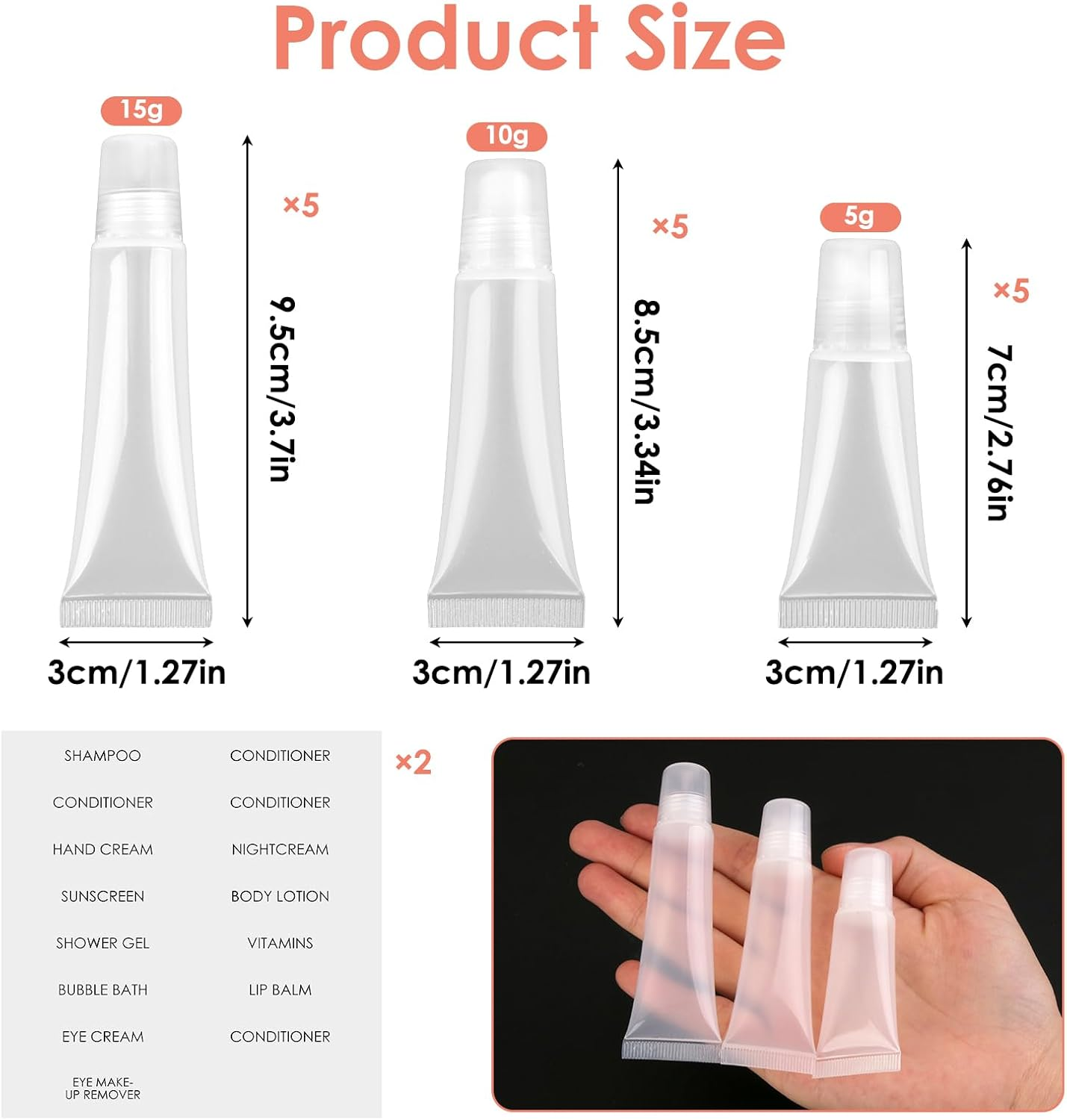 Ozessence 15 Pack Refillable Lip Gloss Tubes, 5G/10G/15G Mini Travel Lip Balm Containers, Bonus Labels Leakproof Portable Toiletry Jars for Creams, Lotions & Cosmetics image number 1