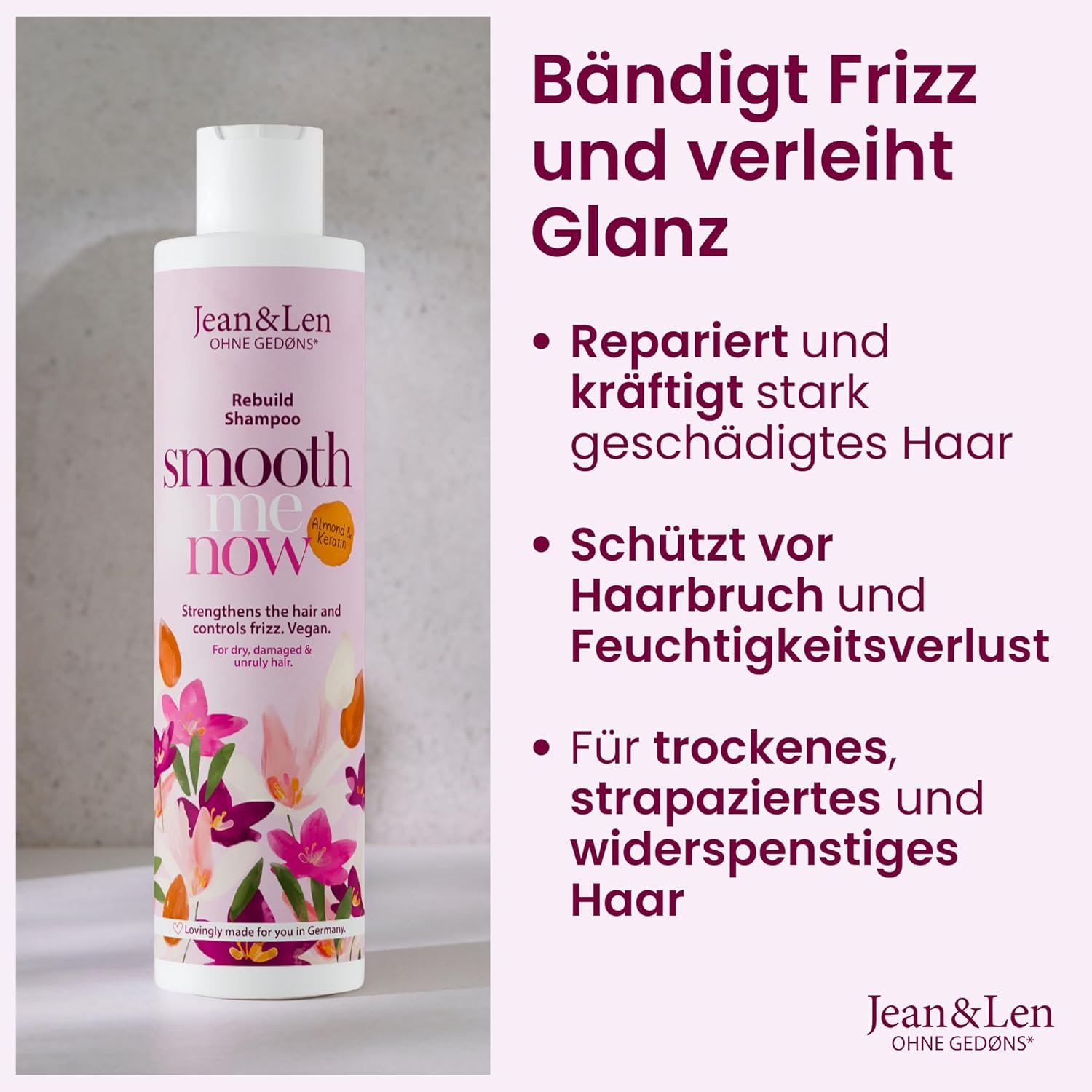 Jean & Len Shampoo Building Almond & Keratin, for Structure-Damaged Hair, Protects against Hair Breakage and Split Ends, Tames Frizz, Shampoo without Silicones and Parabens, Vegan, 300 Ml image number 5