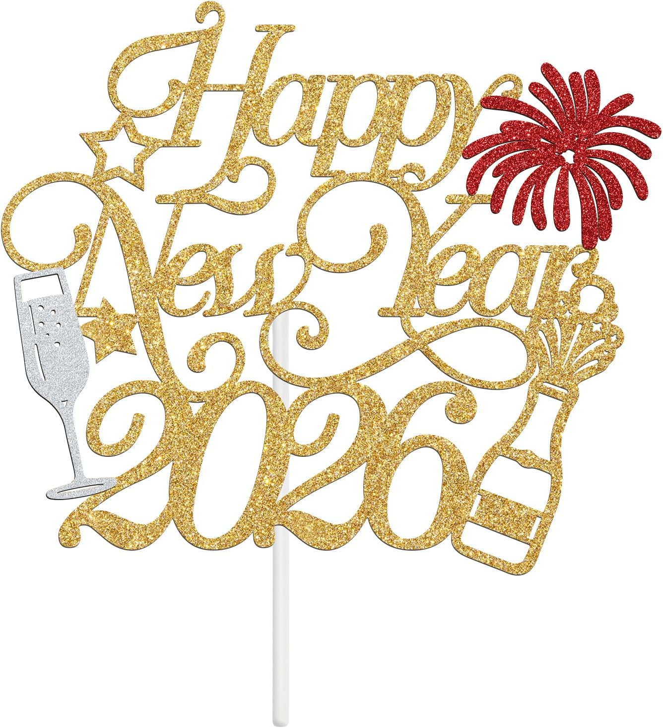 Happy New Year 2025 Cake Topper,Welcome 2025/Cheers to 2025, Happy New Year Night Holiday Party Decorations Supplies, Red and Gold Glitter