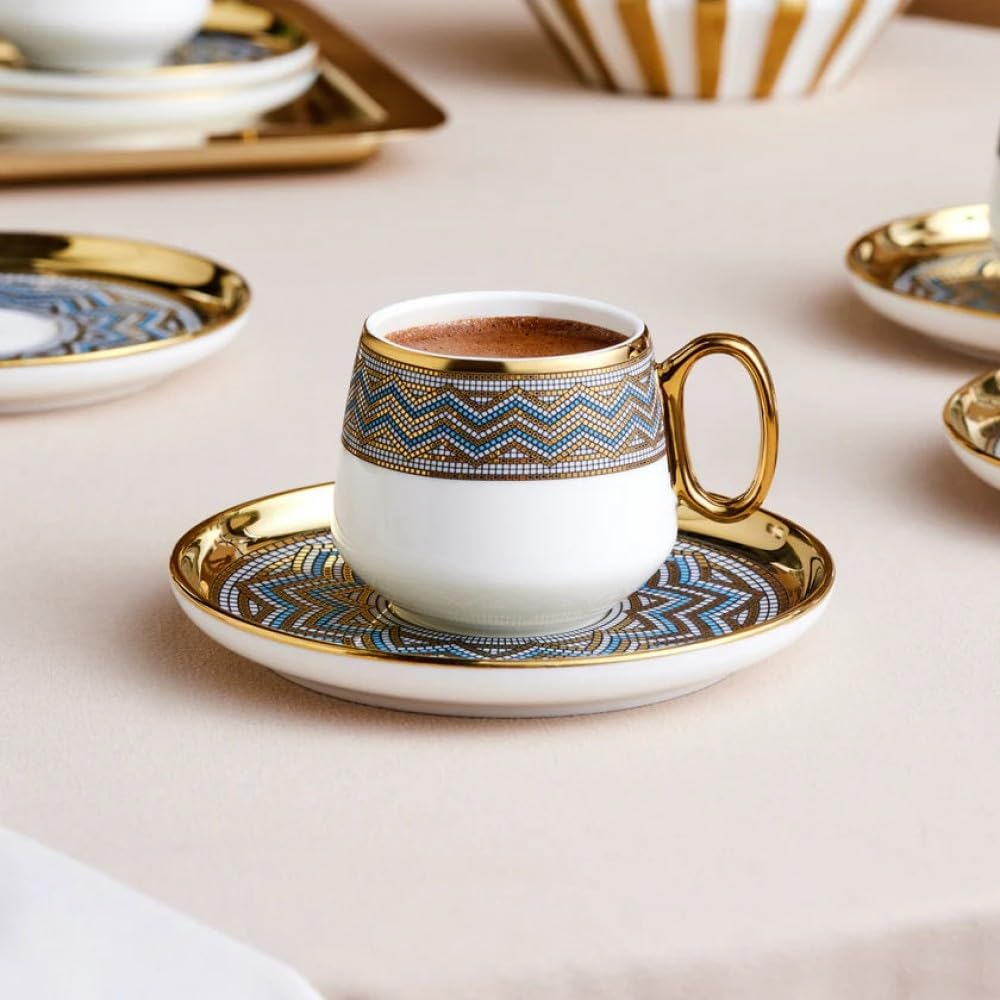 KARACA Suadiye - Porcelain Espresso and Turkish Coffee Cup Set for 6, Espresso Cups and Saucers, 90 Ml Small Coffee Cups Set 12-Piece - Blue & Gold image number 5