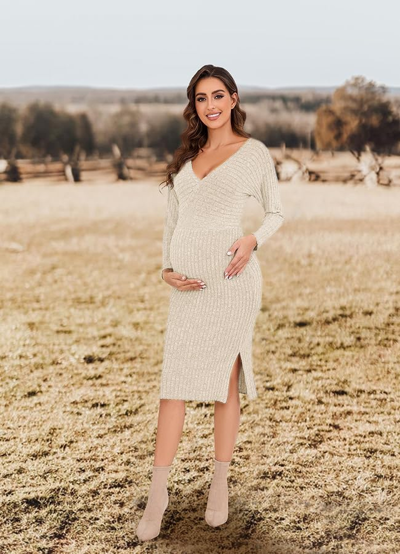Guruixu Wrap V Neck Maternity Sweater Dress Rib Knit Batwing Open Back Slit Pregnancy Dresses Baby Shower Photoshoot Outfit image number 1