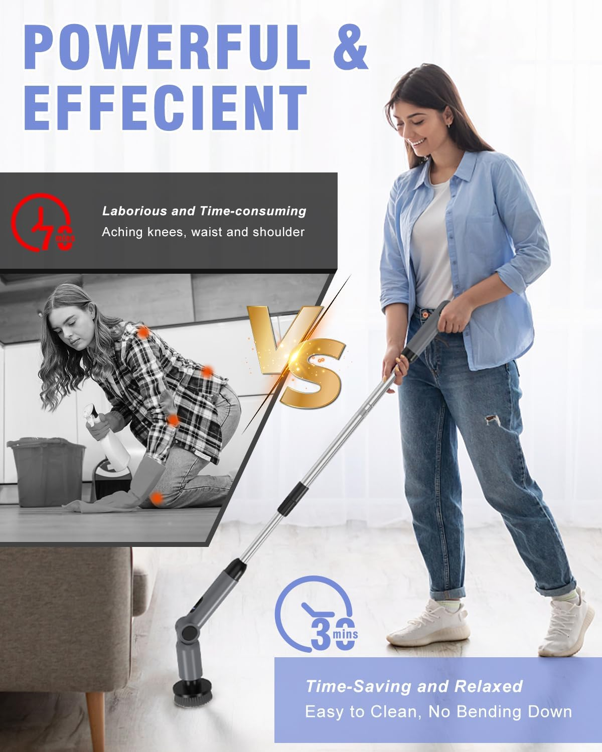 Electric Spin Scrubber, [4 Adjustable Angles] [Battery Display ] Homtronics Cordless Power Scrubber with 8 Replaceable Brush Heads, 450RPM Electric Cleaning Brush for Bathroom, Floor, Tile, Car-Grey image number 5