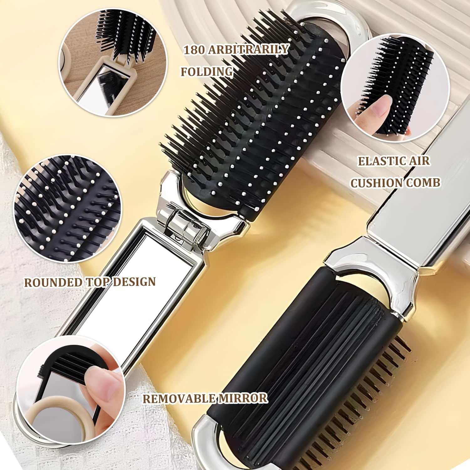 TORMEN 2 Pack Folding Travel Brushes for Hair Travel Hair Brush with Detachable Mirror Compact Scalp Massage Comb for Women Mini Portable Hairbrush for Purse Gym Trip(Electroplated Silver Plating)