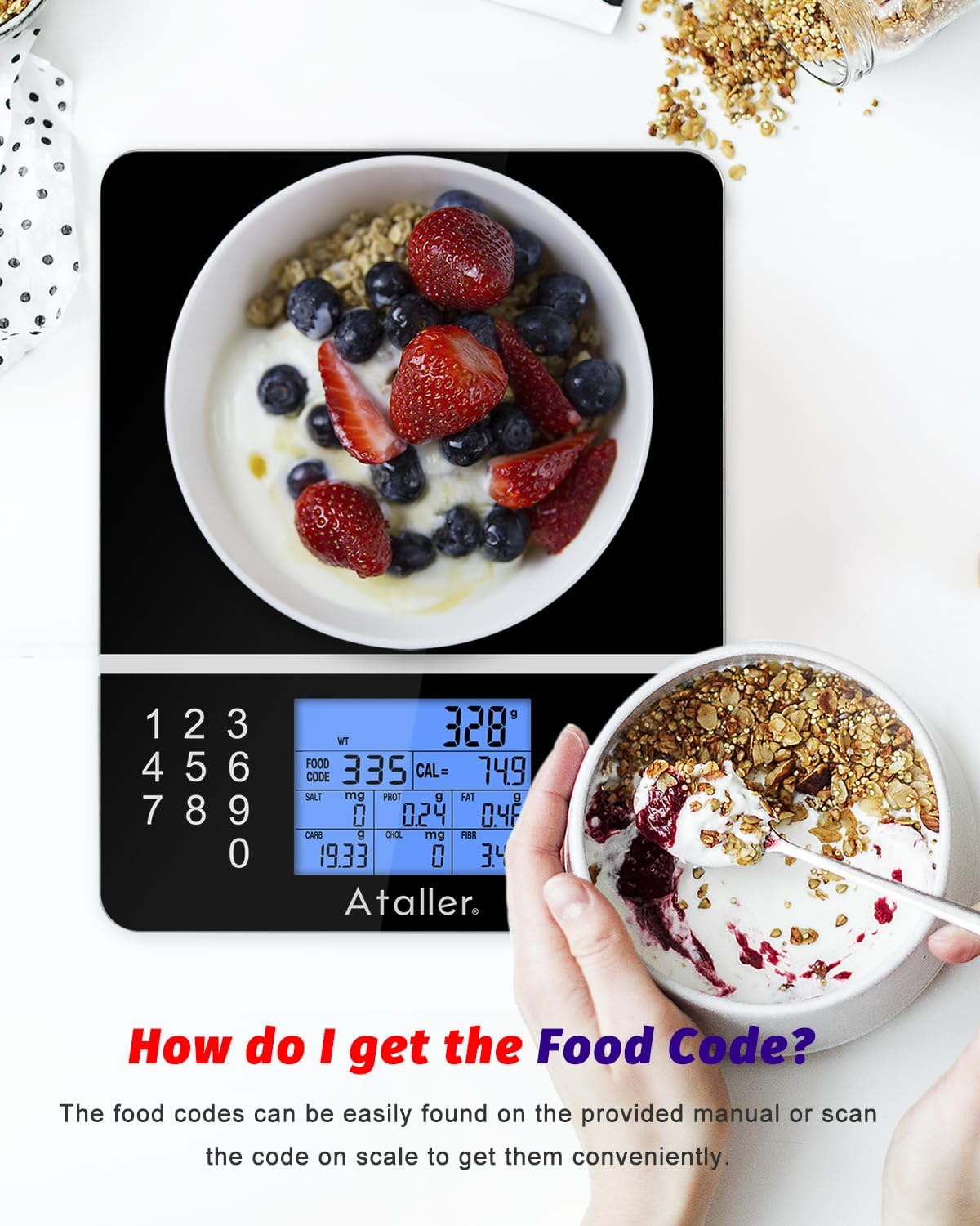 Ataller Food Scale with Nutritional Calculator, Kitchen Diet Scale, Digital Food Calorie Counting Scale for Meal Prep, Kitchen, Baking, Weight Loss, Resolution 1G, Max 5Kg 11Ib, Tempered Glass, Black image number 4