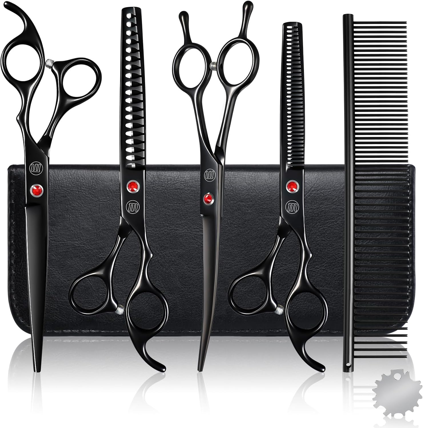 Moontay Professional 7.0" Pet Grooming Scissors Set, 4-Pieces 440C Japanese Steel Straight & Curved & Thinning & Chunker Shears/Scissors with 1 Grooming Comb for Dog Cat and More Pets, Multicolour