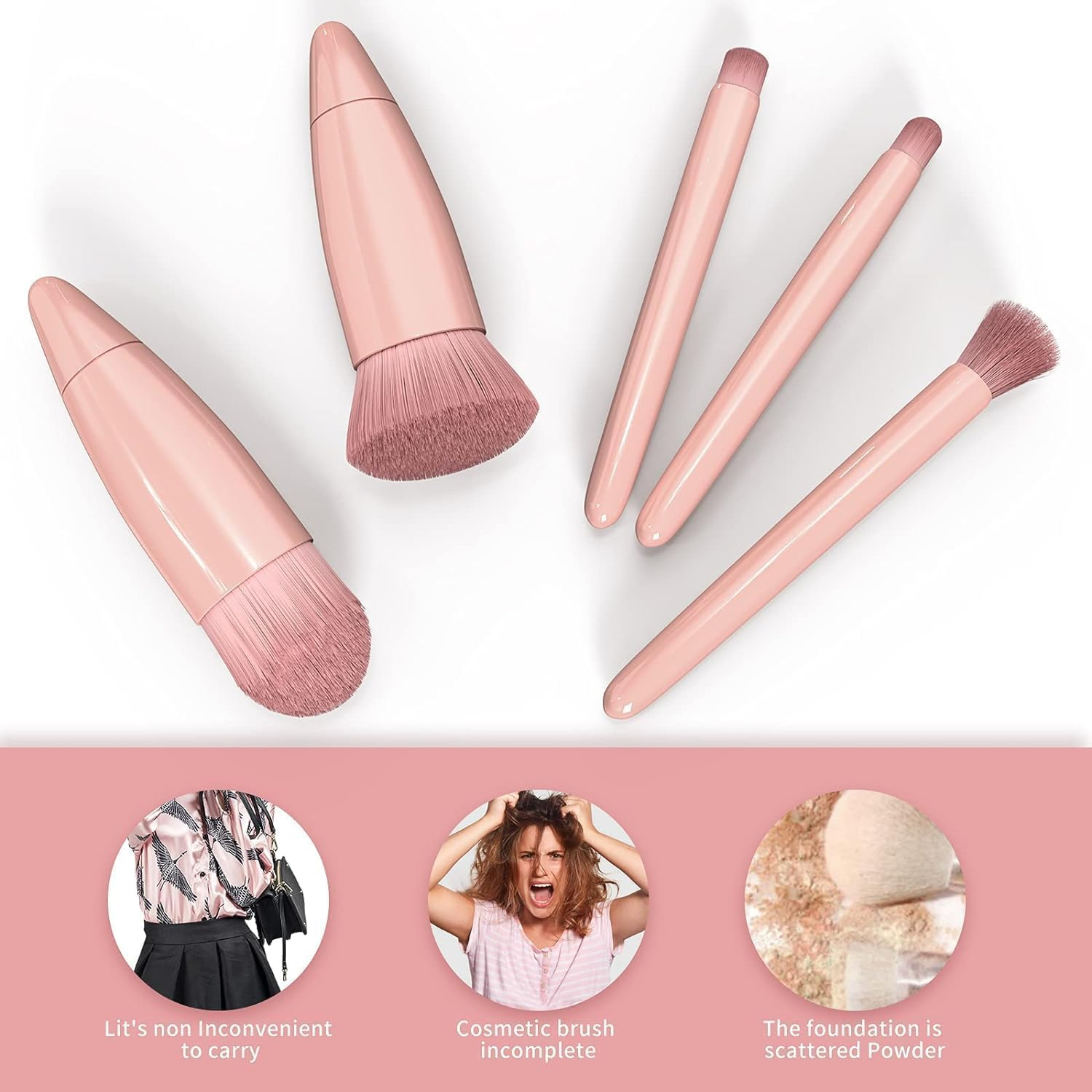 5 Pcs Makeup Brushes Set, Portable Travel Small Makeup Brushes with Brush Case Built-In Mirror, Cosmetics Brushes for Eyeshadow, Powder, Foundation image number 5