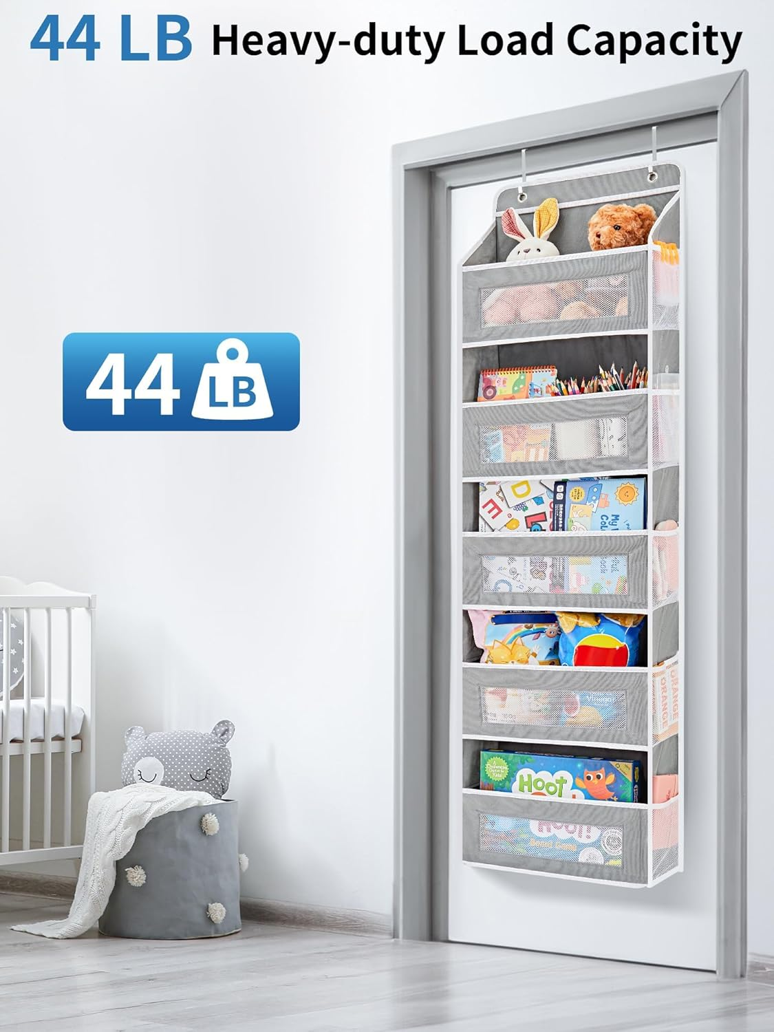 Over the Door Organizer Storage, 5 Shelf Hanging Door Organizer with 5 Large Capacity Pockets, anti Tilt 44 Lb Load behind Door Organizer for Bedroom, Bathroom, Pantry, Nursery (Grey) image number 2