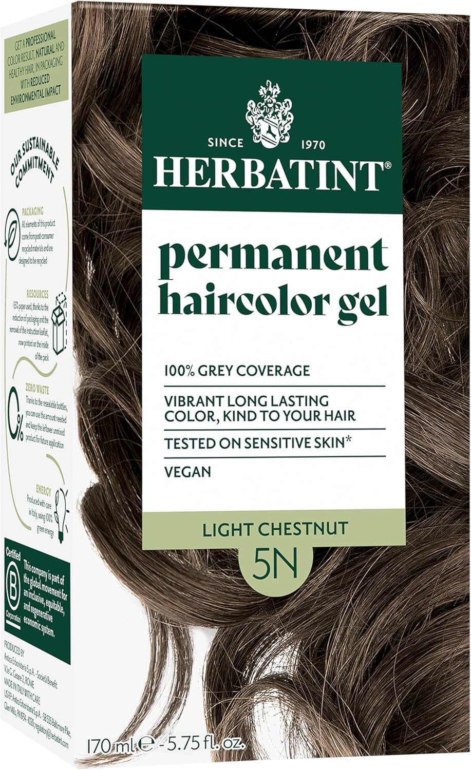 Herbatint Permanent Hair Dye for Women - 5D Light Golden Chestnut - for up to 100% Gray Coverage of Resistant Gray Hair - Ammonia-Free, Alcohol-Free & Vegan - Salon Influenced Hair Color 5.75 Fl Oz