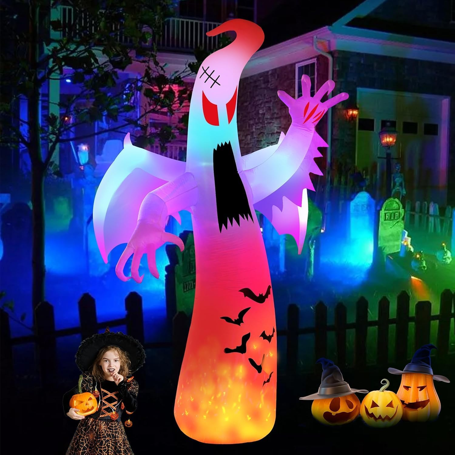 Halloween Inflatables Ghost Decorations Outdoor, 12FT Giant Ghosts of Halloween with Wings Scary Spooky Ghost Colorful Flashing and Flame for Outdoor Yard Decorations, Garden, Lawn image number 3