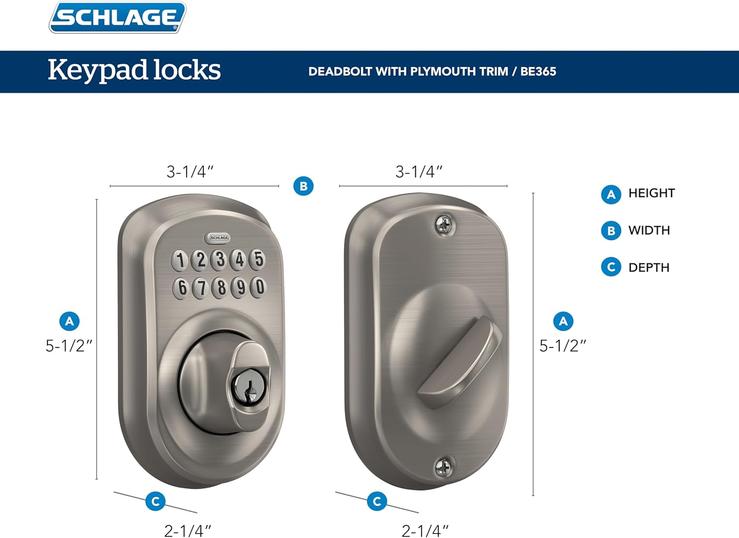 Schlage BE365 Plymouth Keypad Deadbolt, Satin Chrome - Satin Chrome, Camelot Keypad image number 2
