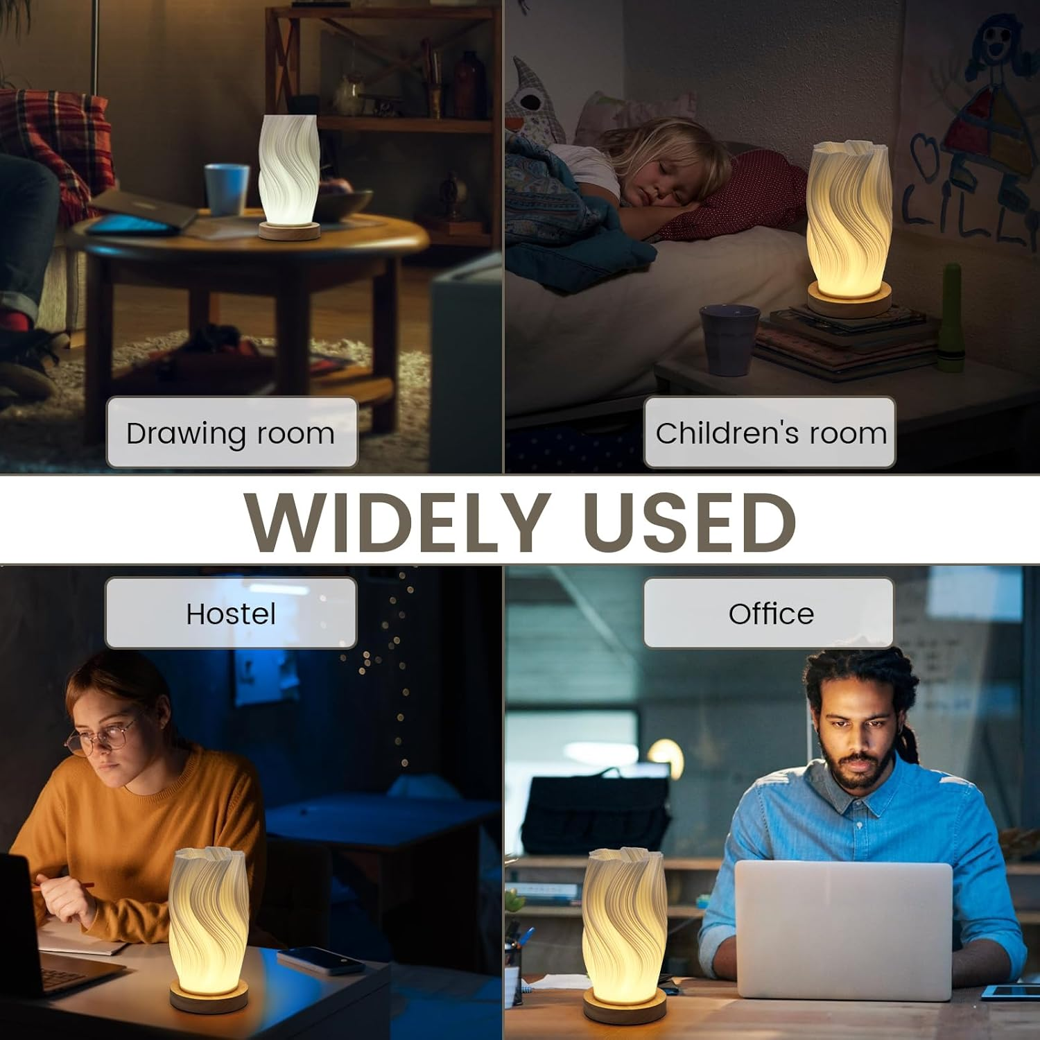 Table Bedside Lamp with Woodbase, Versatile Touch Control Table Lamp for College Dorm, Nightstand PLA Lampshade Living Room Bedroom (Black)