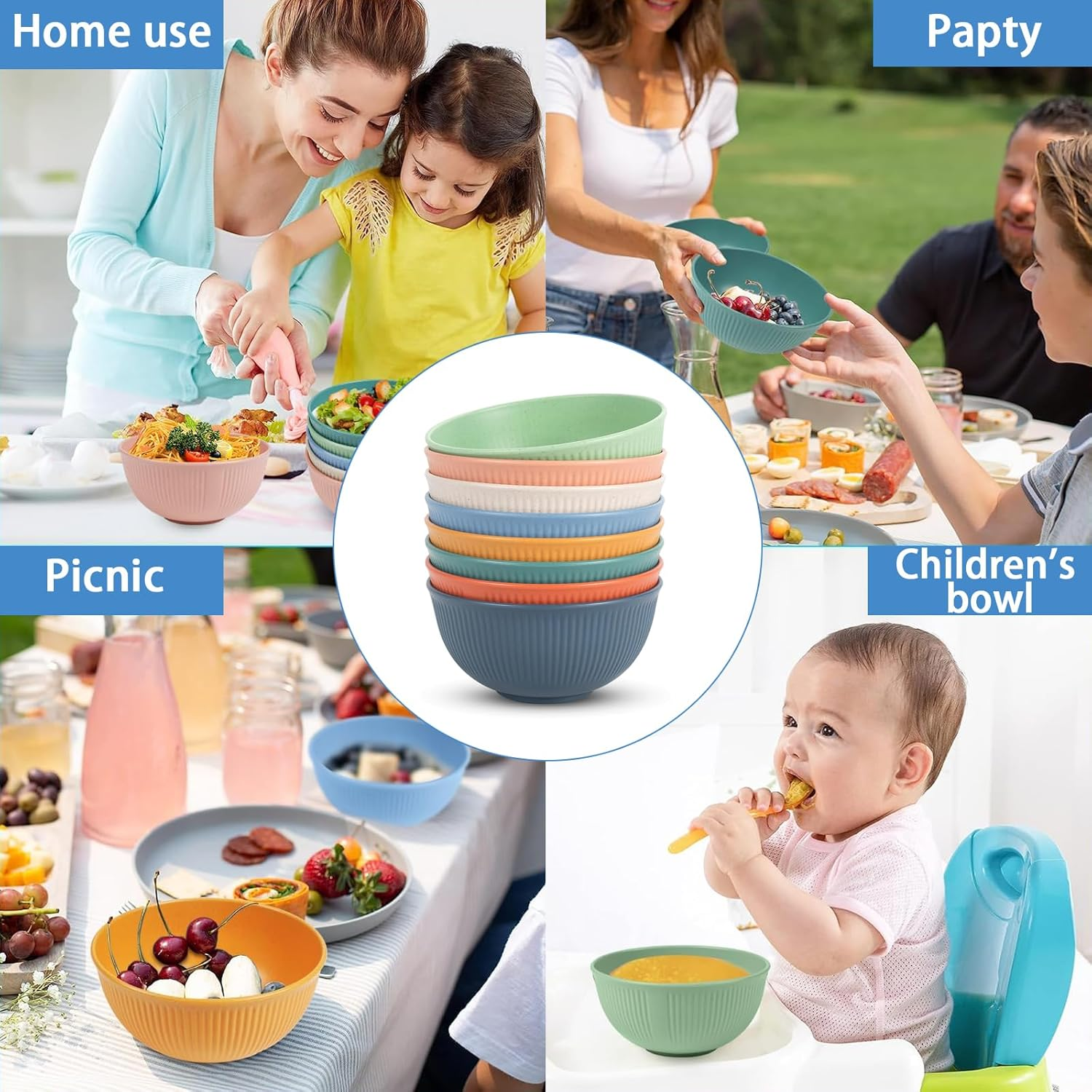 DXQCHDUO Unbreakable Bowls Set of 8,Lightweight Breakfast Cereal Bowls,Reusable and Sturdy Unbreakable Bowl for Soup,Colourful Salad Bowls,Dinner Bowl, Dessert Bowl Set for Bbq,Picnic image number 1