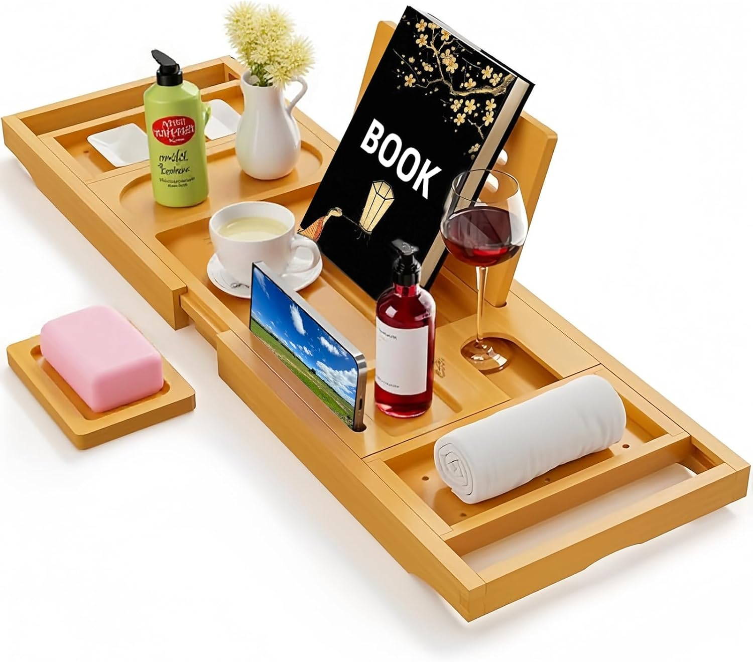 STEUGO Bamboo Expandable Bathtub Tray, Premium Bath Reading Tray for Tub, Books Caddy While Soaking, Tablets & Wine Glasses - Perfect Luxury Gifts for Anniversary and Wedding, Bathroom Accessories