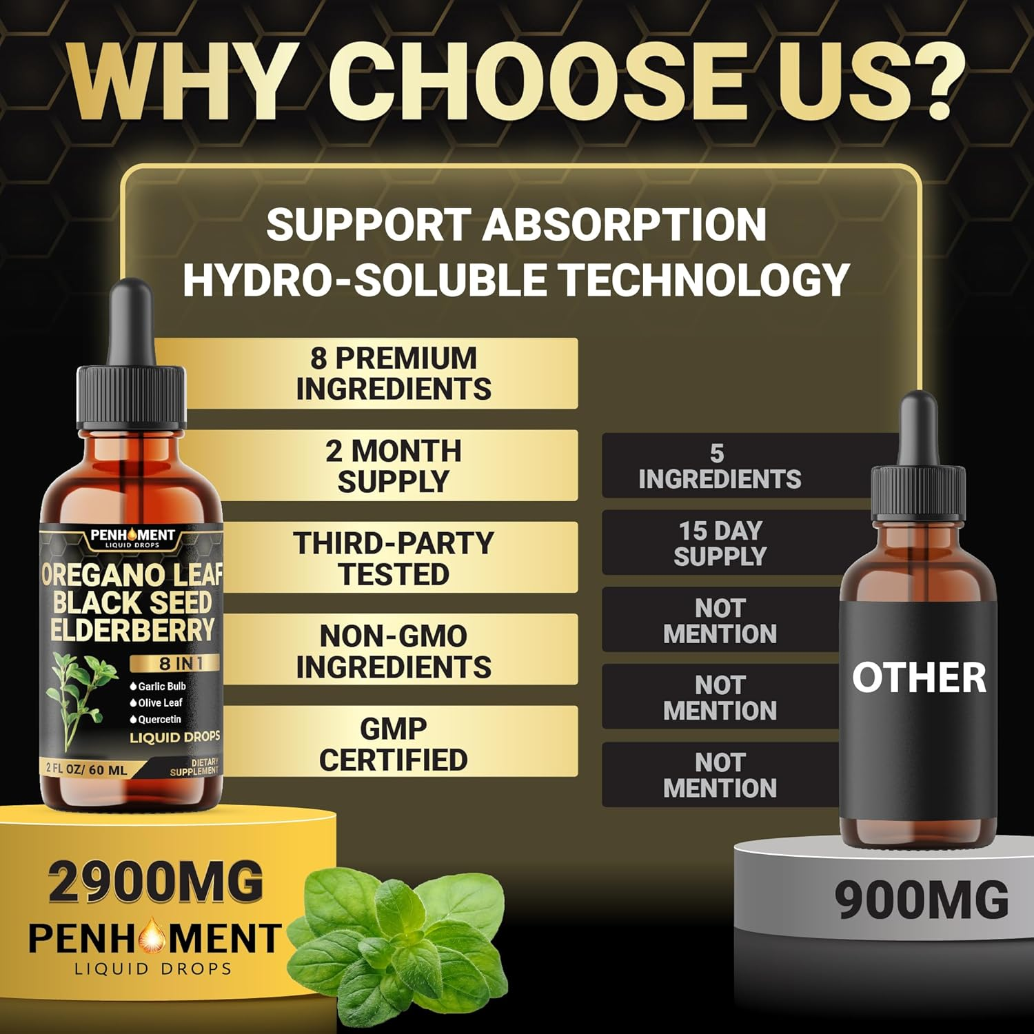 Penhoment 8In1 Oil of Oregano Drops with Black Seed Oil Liquid | Contains Carvacrol | Garlic, Elderberry, Olive Leaf, Quercetin, Bromelain - 2 Fl Oz image number 4